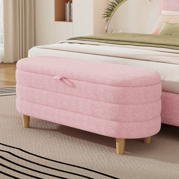 Elegant Upholstered Sherpa Fabric Storage Ottoman With Wood Legs, Storage Bench For Bedroom, Living Room, Pink Pink Wood