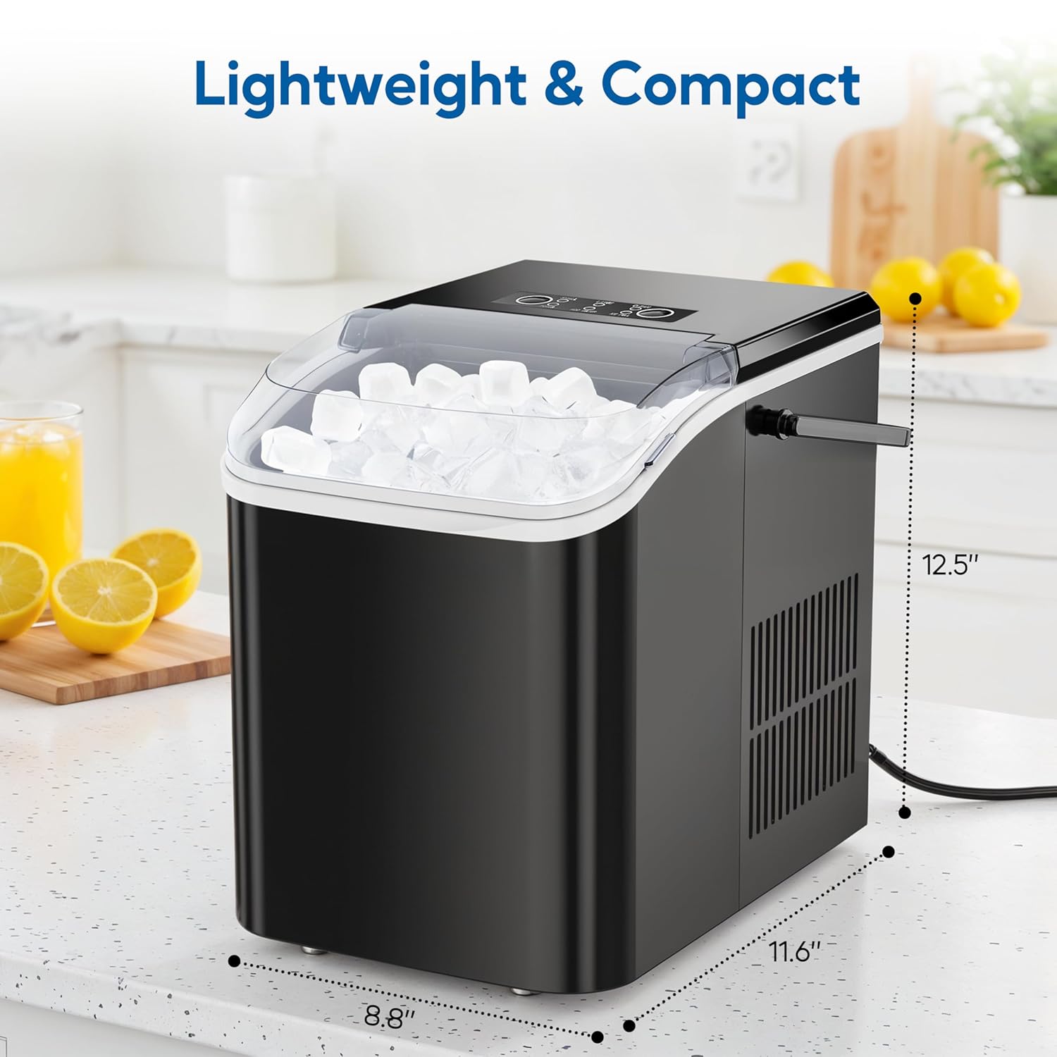 Countertop Ice Maker Machine, Fast Making 9 Ice Cubes In 6 Minutes, Self Cleaning With Scoop, Basket & Handle, 26.5Lbs 24Hrs, 2 Sizes Bullet Ice, Portable For Kitchen, Office, Party, Black Black