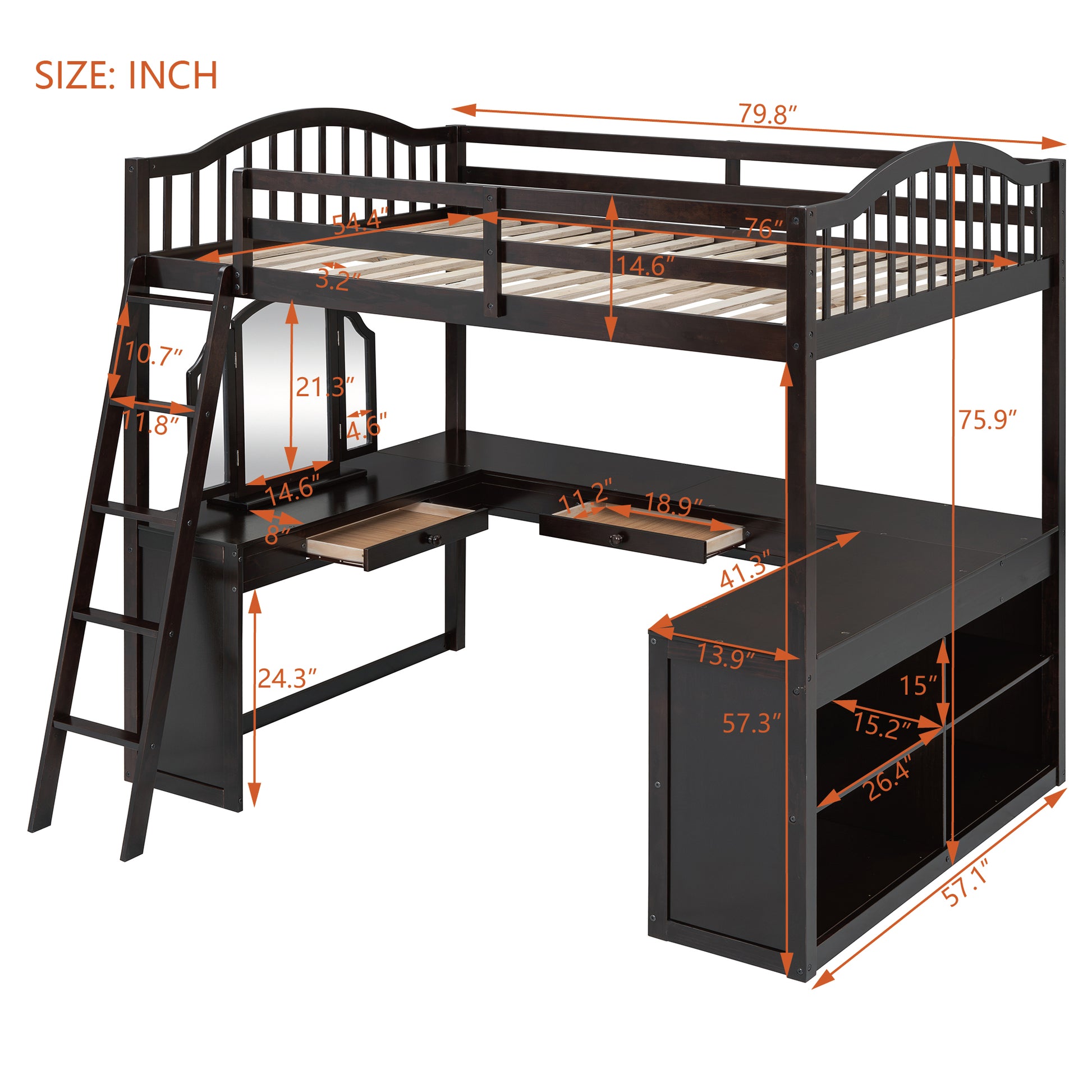 Full Wooden Loft Bed With U Shaped Desk,Storage Compartments And Tri Fold Mirror, Espresso Espresso Plywood,Solid Wood Mdf