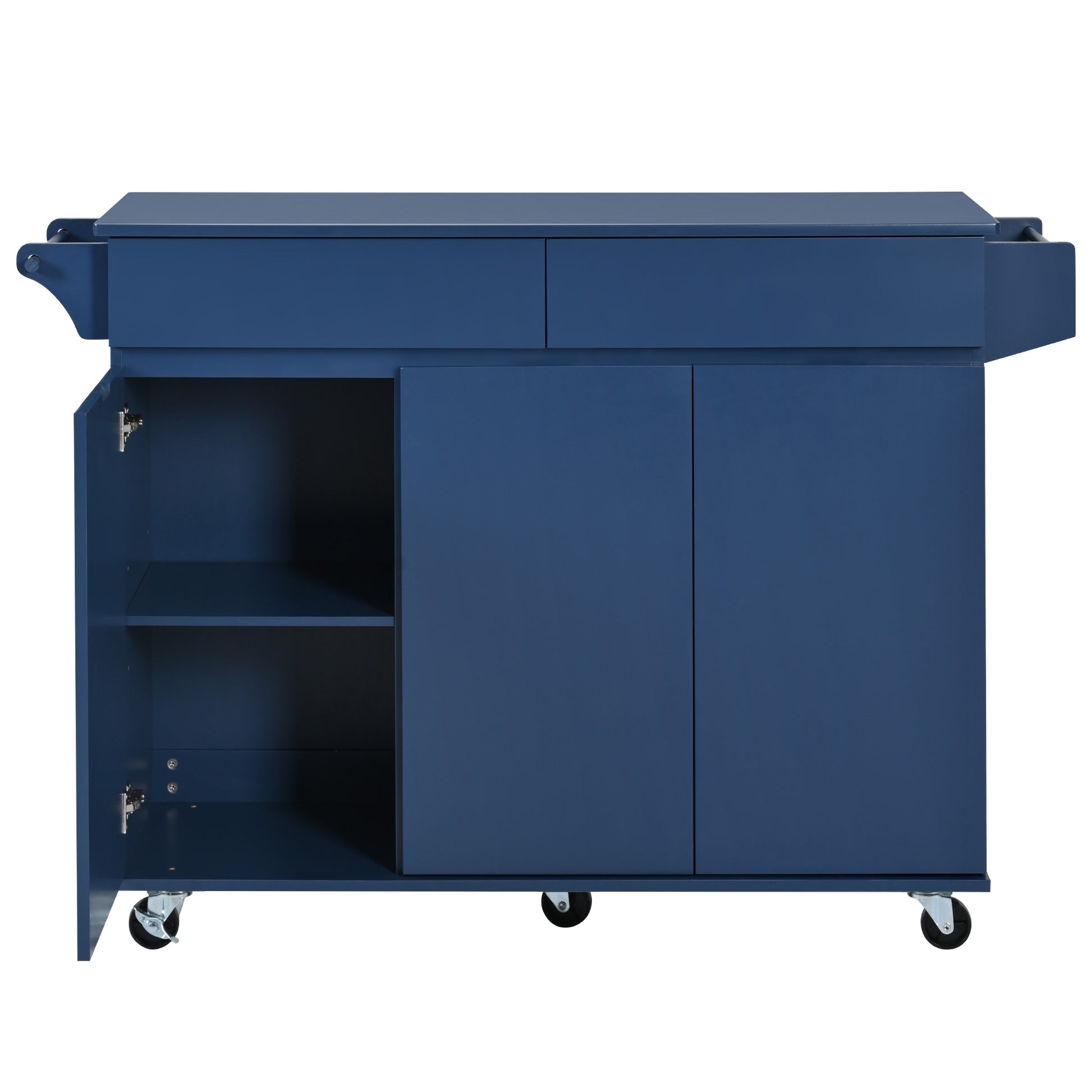 K&K 53.2'' Kitchen Island With Drop Leaf, Kitchen Storage Cart With Spice Rack, Towel Rack And 2 Drawers, Rolling Kitchen Island On Wheels With Adjustable Shelves For Kitchen, Dining Room, Navy Blue Navy Blue Brown Kitchen