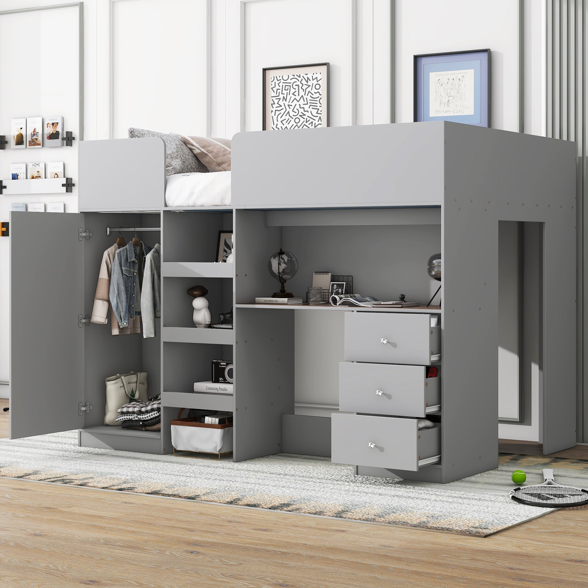 Wood Full Size Loft Bed With Built In Wardrobe, Desk, Storage Shelves And Drawers, Grey Box Spring Not Required Full Grey Wood Bedroom Bed Frame Solid Wood Mdf