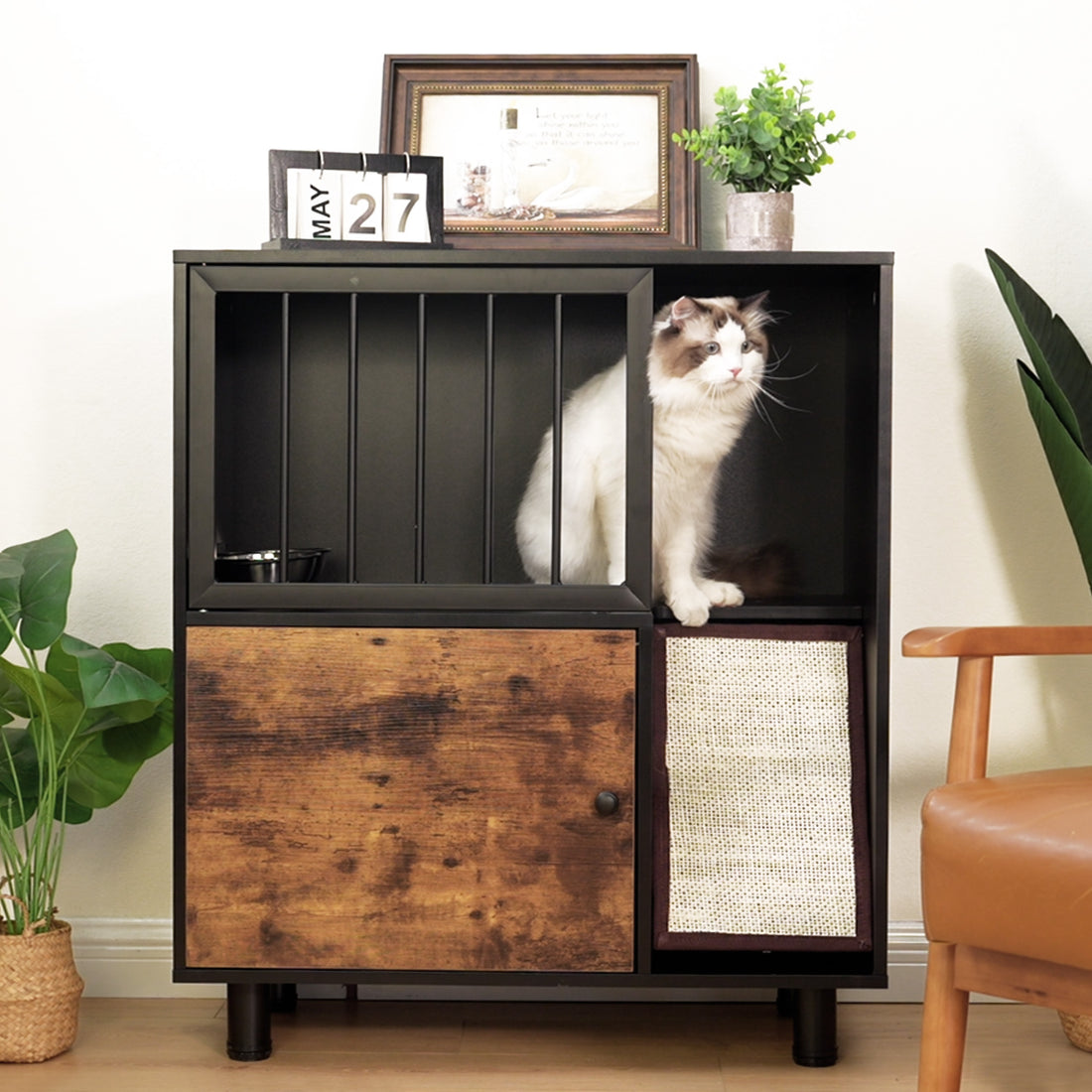 Cat Feeding Station, Feeding Station With Cat Scratching Board, Cat Locker With Storage, Black Vintage Color Black Vintage Particle Board