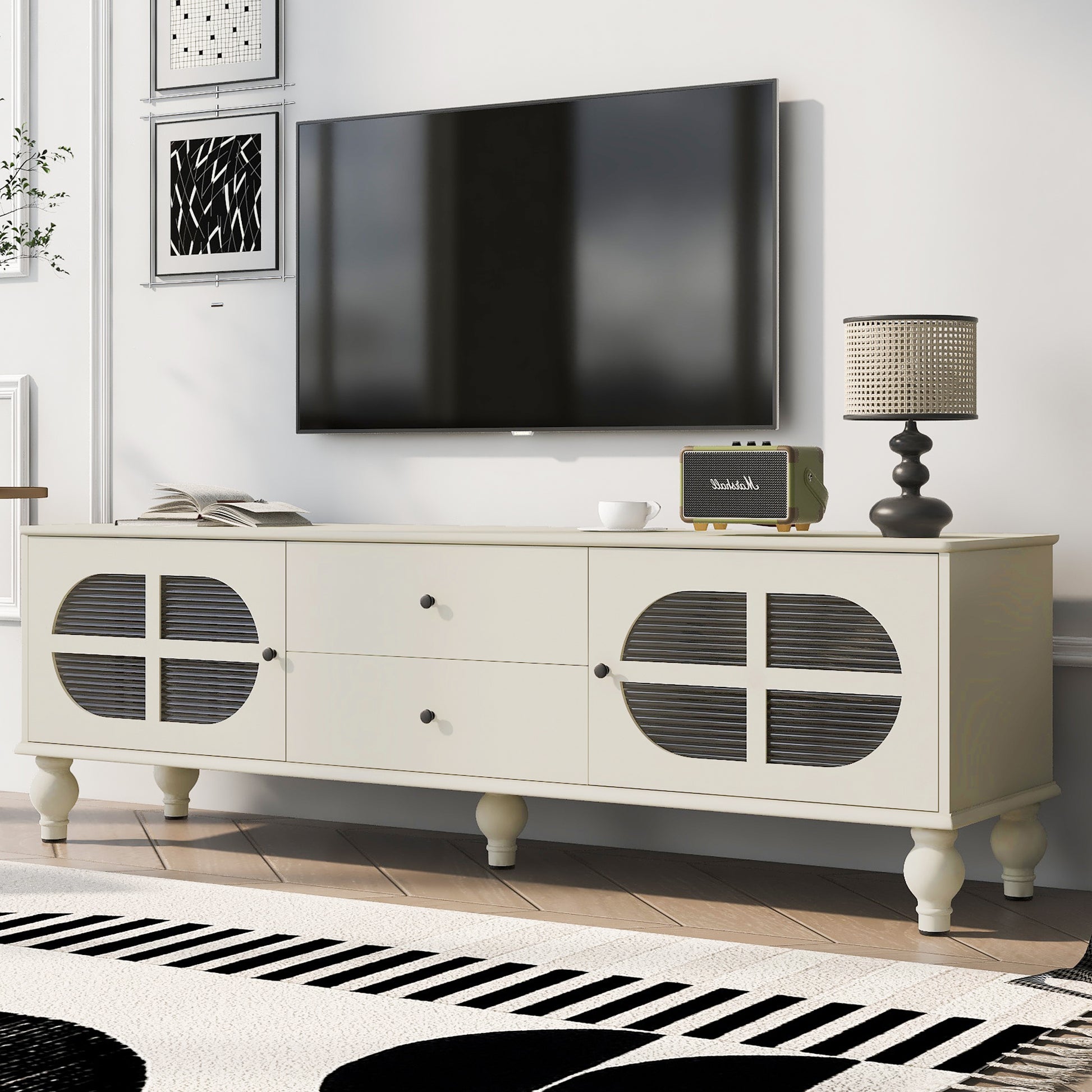 68.9'' Modern Tv Stand For Tvs Up To 75 Inches, Entertainment Center Media Console With Fluted Glass Doors, Five Solid Wood Legs For Living Room Antique White 70 79 Inches Mdf