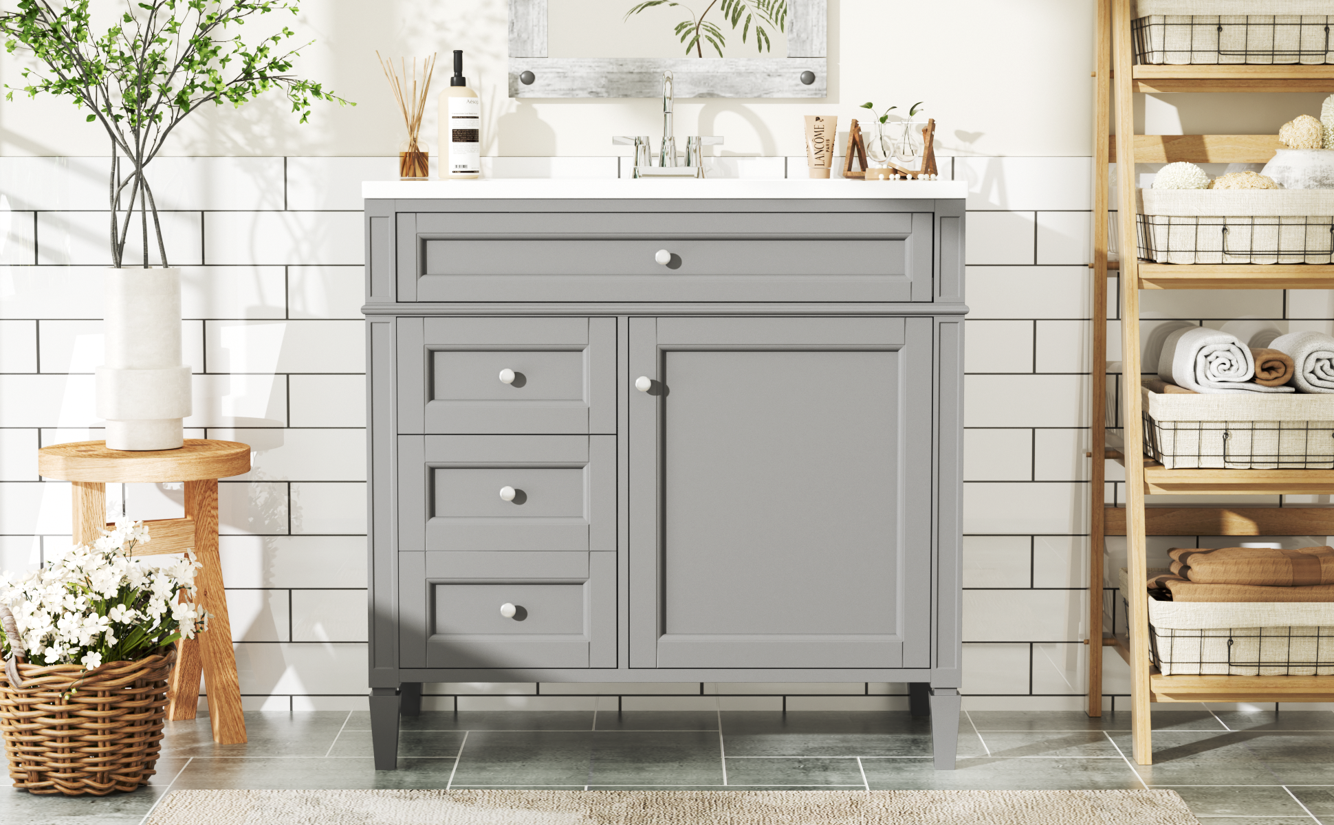 36'' Bathroom Vanity With Top Sink, Modern Bathroom Storage Cabinet With 2 Drawers And A Tip Out Drawer, Single Sink Bathroom Vanity Grey Bathroom Solid Wood Mdf Ceramic,Solid Wood Mdf