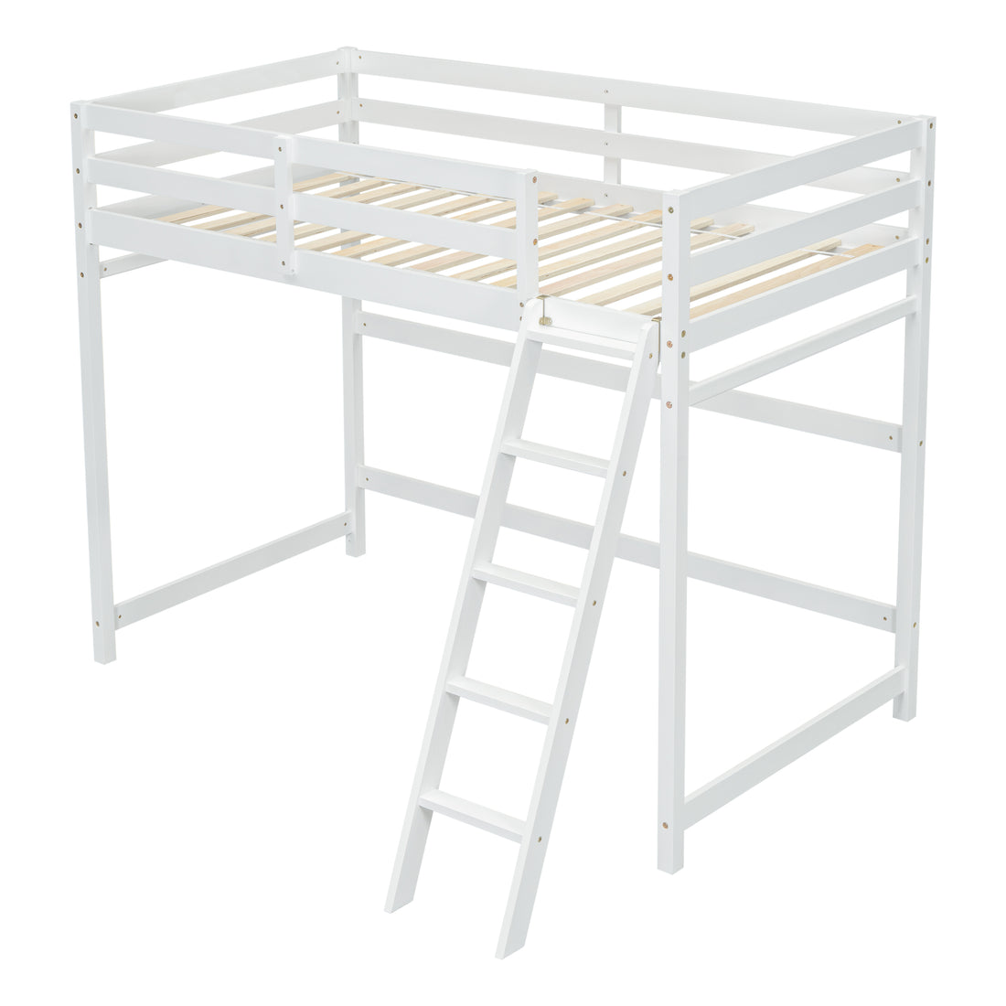 Twin Size High Loft Bed With Inclined Ladder, Guardrails,White Twin White American Design Pine