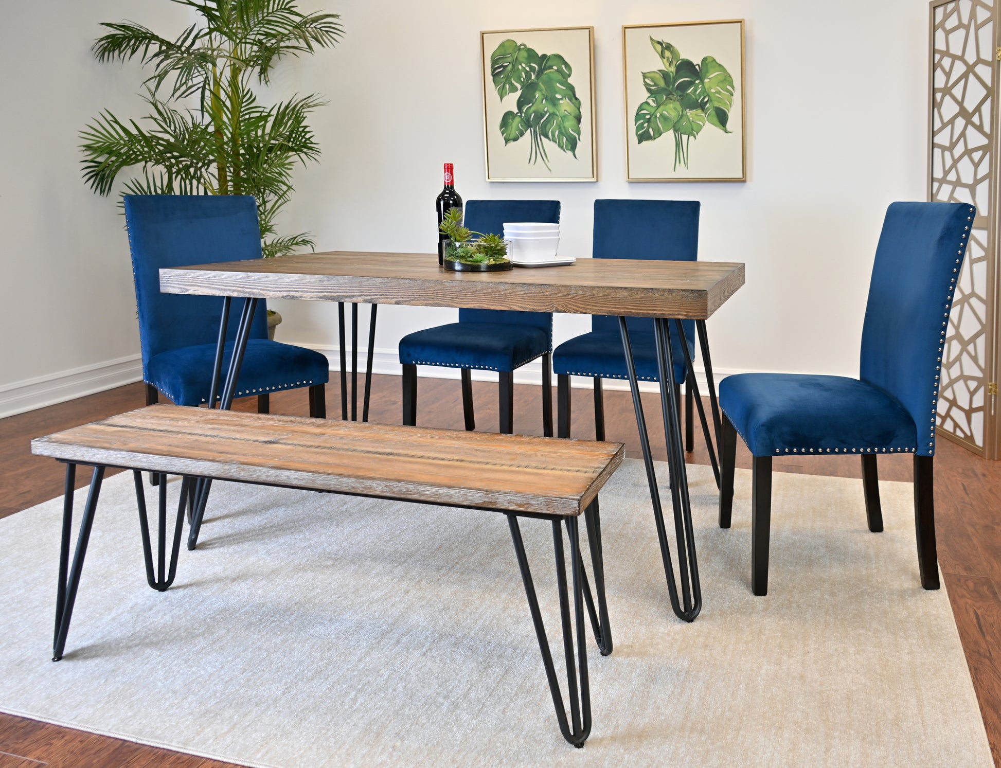 Aso 6 Piece Dining Set, Hairpin Dining Table With 4 Chairs And Bench, 3 Color Options Brown Metal Dining Room Fixed Table Rubberwood Rectangular Dining Table With Chair And Bench Metal Wood Brown Seats 6 Rectangular 4 Leg Mdf Metal
