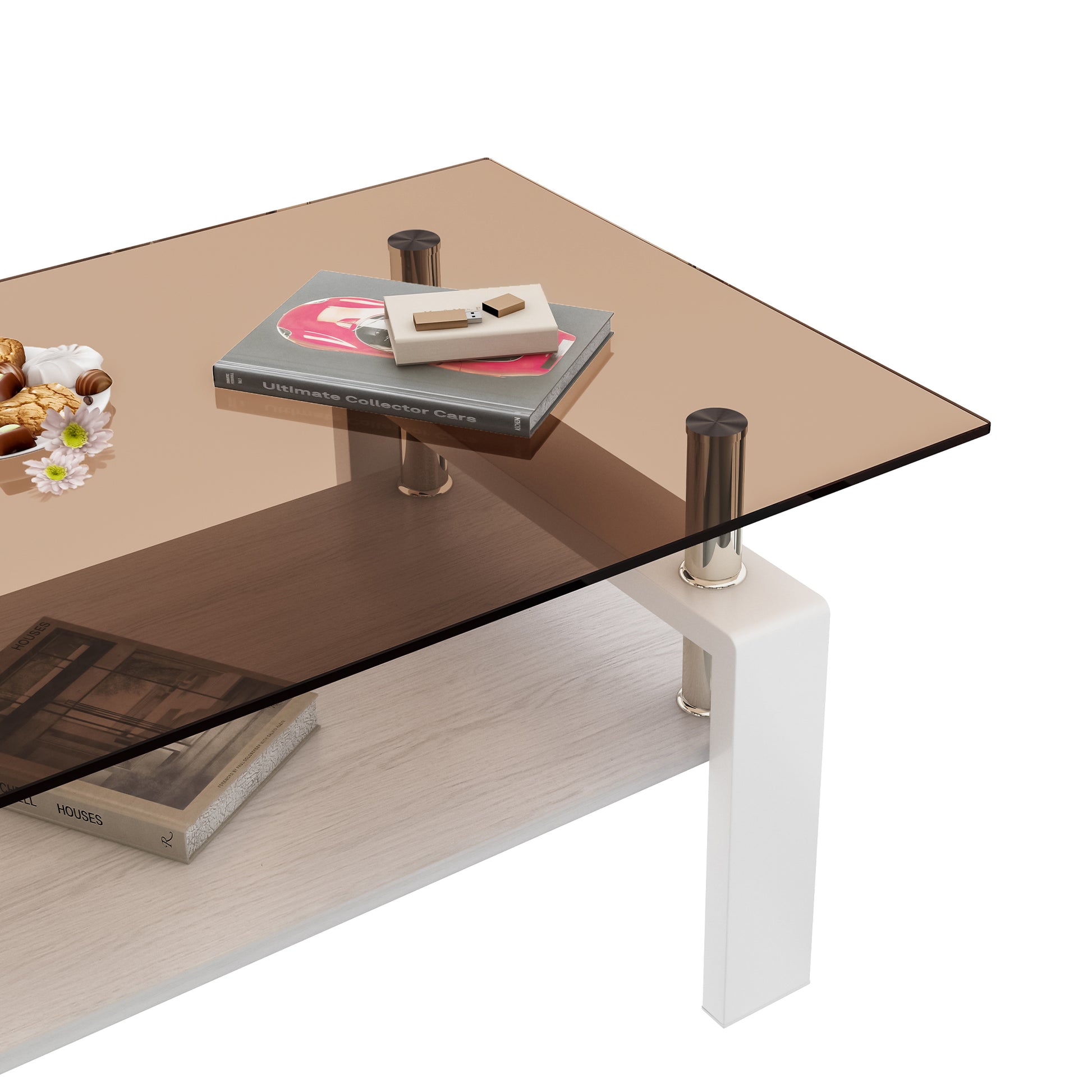 Rectangle Coffee Table, Tempered Glass Tabletop With Mdf Layer, Modern Table For Living Roombrown Glass Brown White Tempered Glass