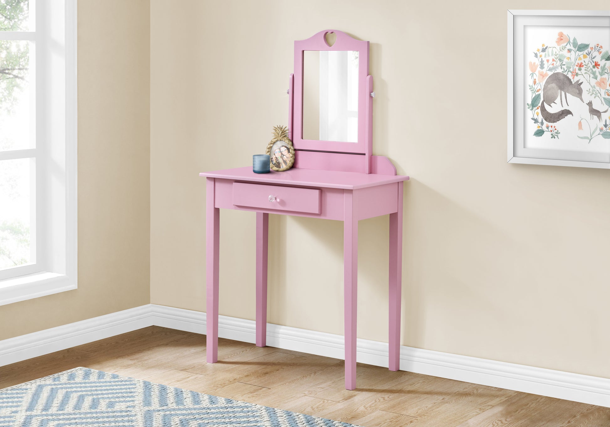 Vanity, Desk, Makeup Table, Organizer, Dressing Table, Bedroom, Pink Wood, Pink Laminate, Contemporary, Modern Pink Mdf