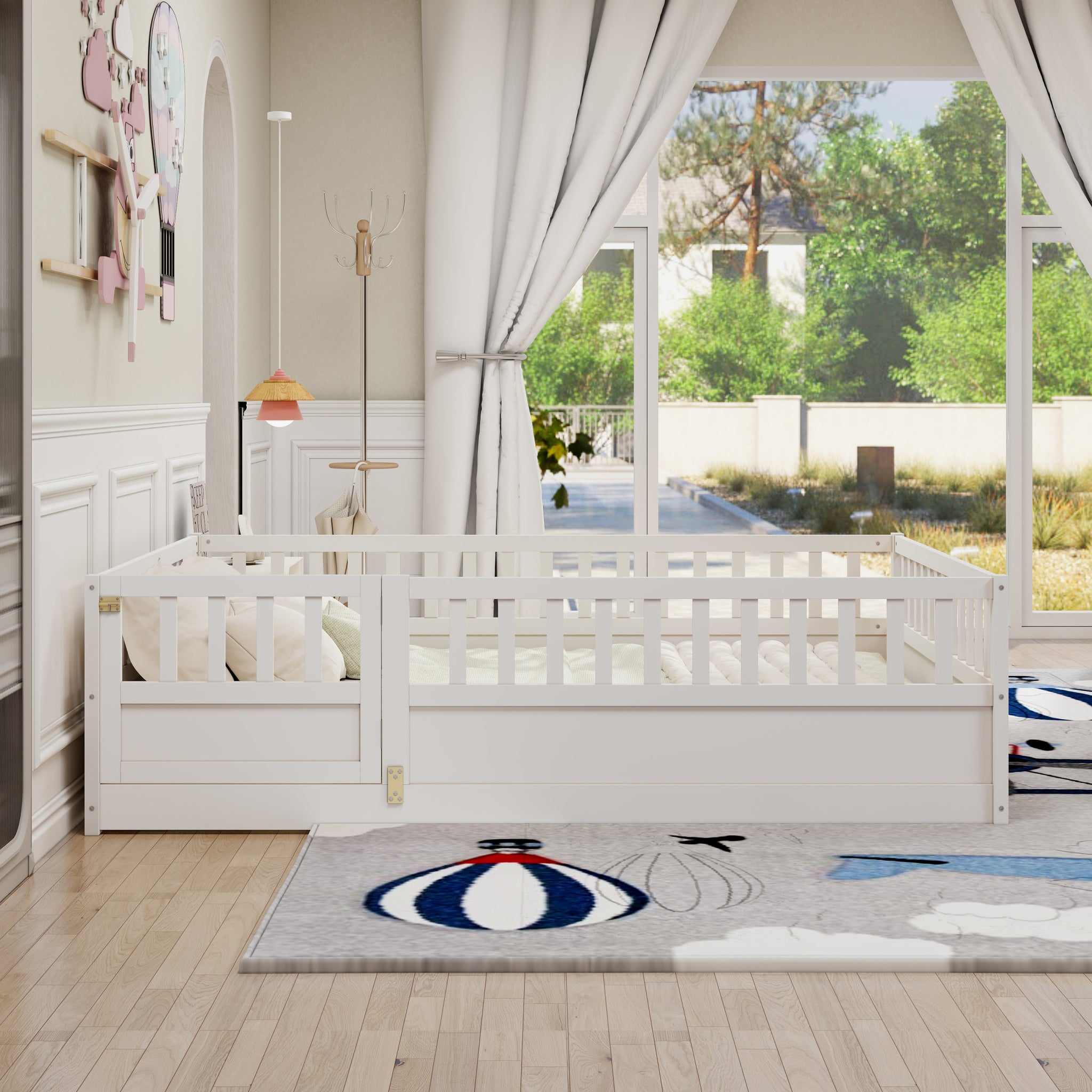 Full Size Floor Bed, Integral Construction With Super High Security Barrier, Door, Children'S Floor Bed Frame, Montessori Wooden Children'S Floor Bed, Support Slat White Box Spring Required Full White Wood Brown Bedroom American Design,Artsy Pine Bed