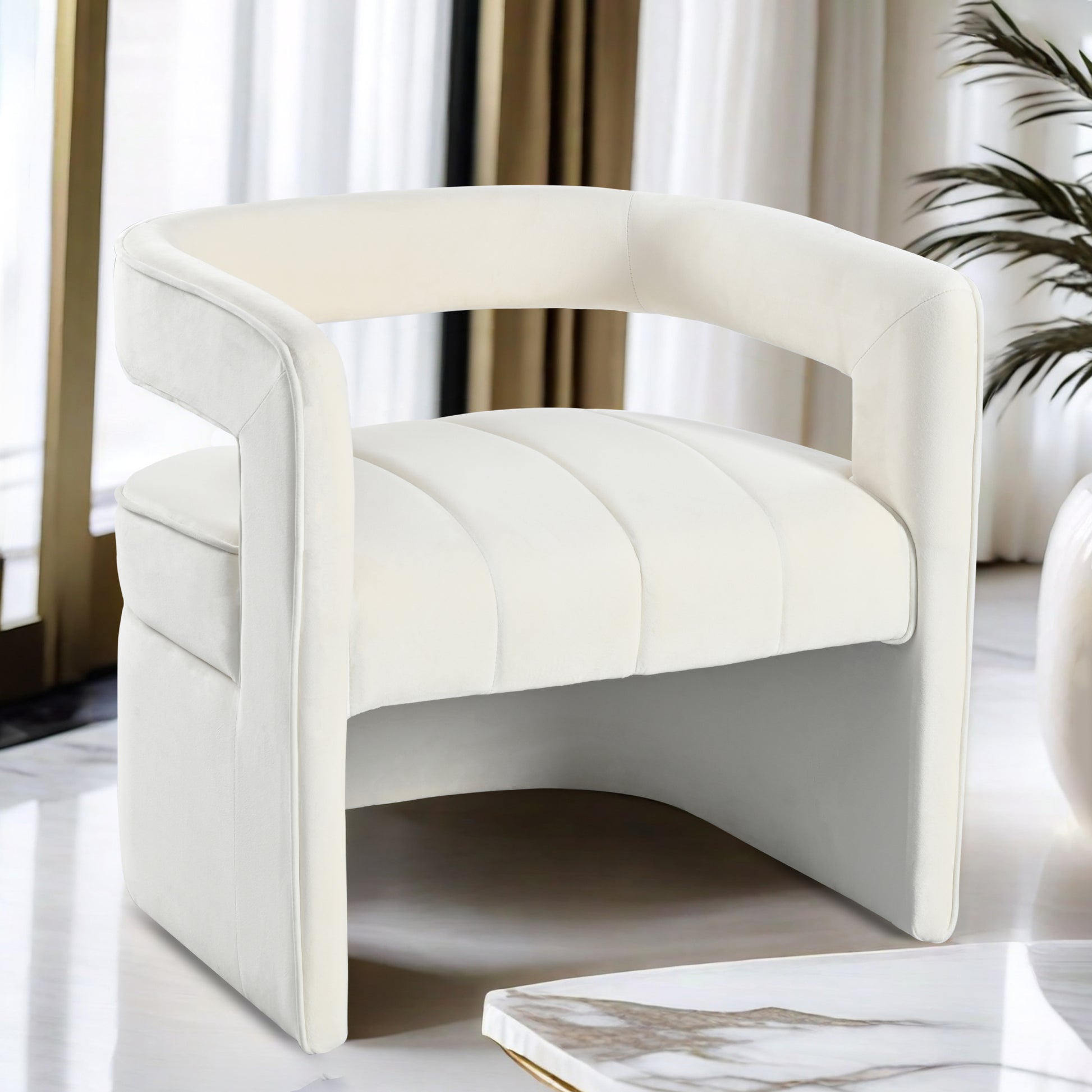 Modern Velvet Accent Chair With Ribbed Detail, Luxury Curved Fully Upholstered Accent Chair, Ivory White No Assembly Needed Ivory White Velvet