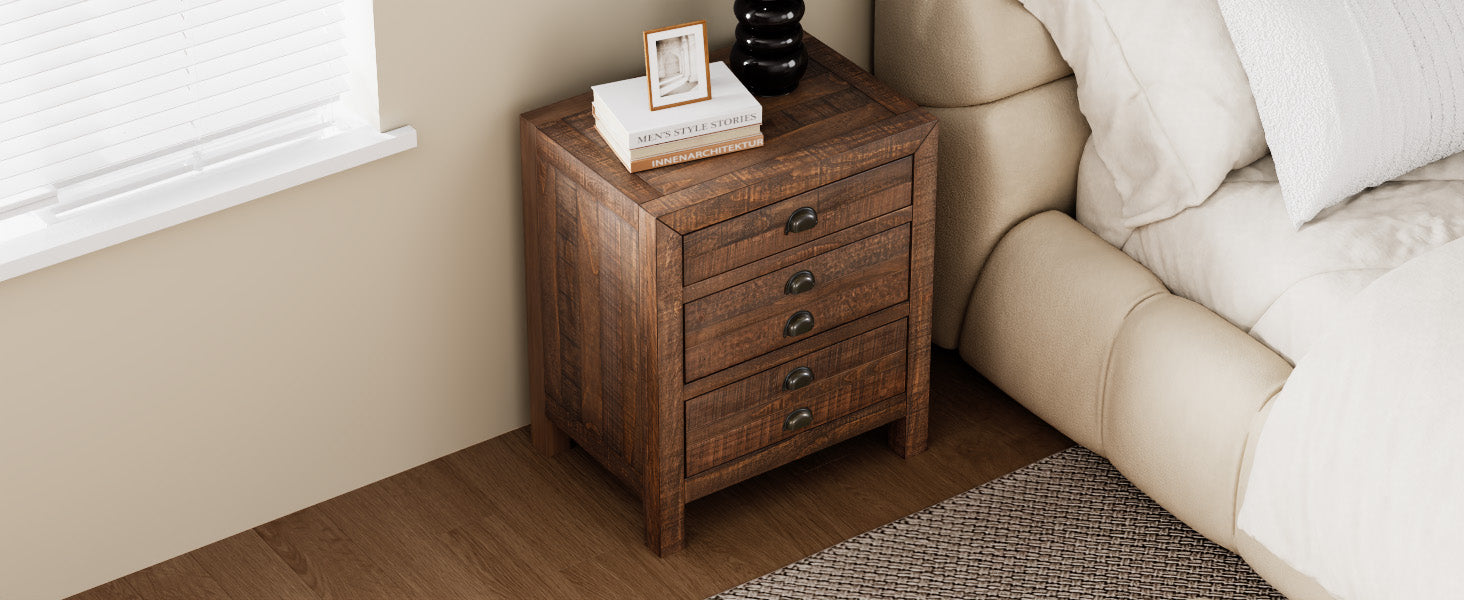 Rustic Farmhouse Style Three Drawer Solid Pine Wood Nightstand With Cup Pulls And Integrated Charge Station Brown 3 Drawers Bedroom Pine Pine,Plywood