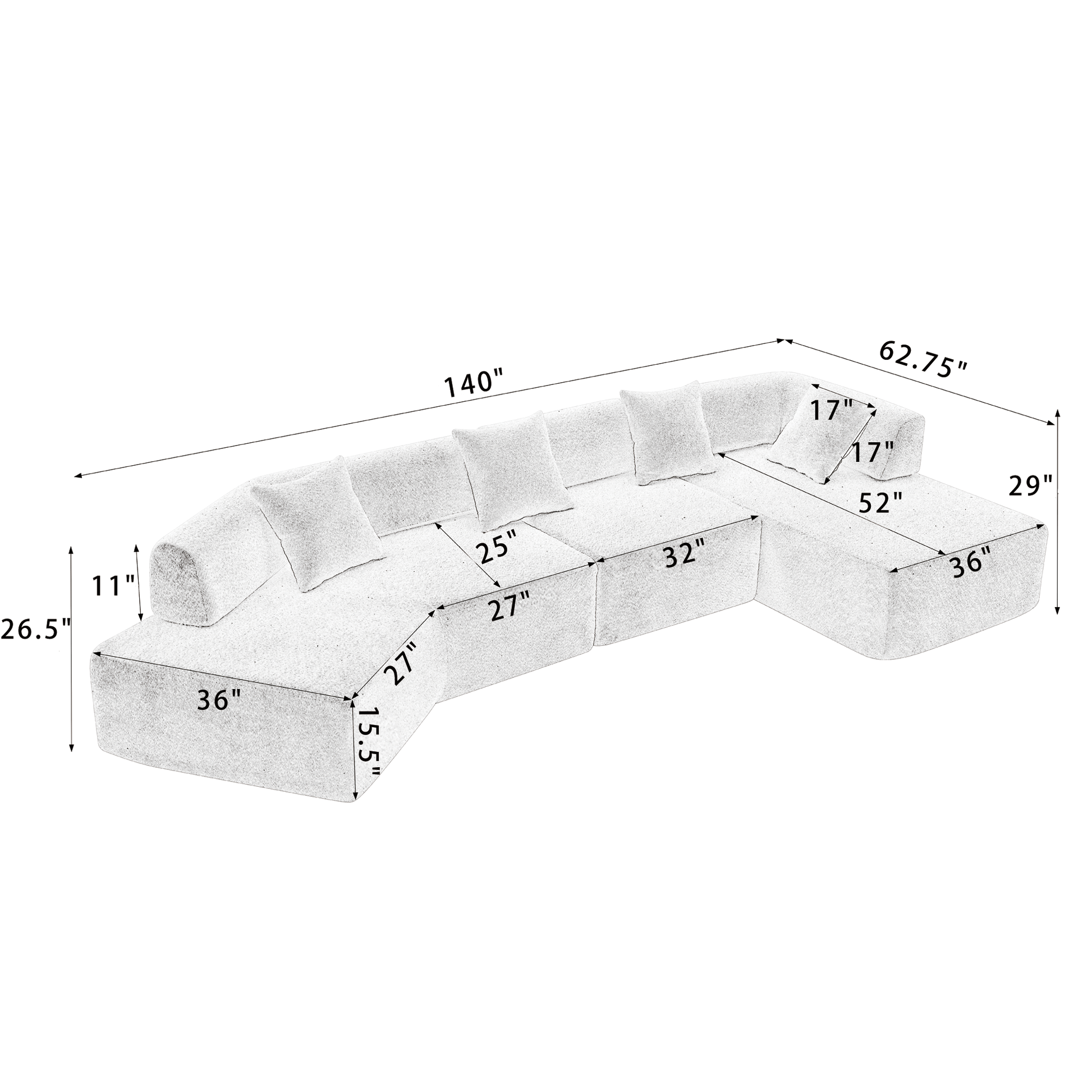Arrived Modern Minimalist 140" L Shape Couch ,No Assembly Required,Boucle,Modular Sofa ,Couch With Chaise,Free Combination Foam Filled Sofa, 4 Seats, Gray Gray Polyester Primary Living Space Soft Modern Foam Polyester 4 Seat