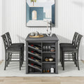 Updated Counter Height 5 Piece Solid Wood Dining Table Set, 59*35.4Inch Table With Curved Wine Rack And 4 Upholstered Chairs, Grey Wood Dining Room Solid Wood Rubberwood Rectangular Dining Table With Chair Wood Wood Grey Solid Back Seats 4 Farmhouse 4