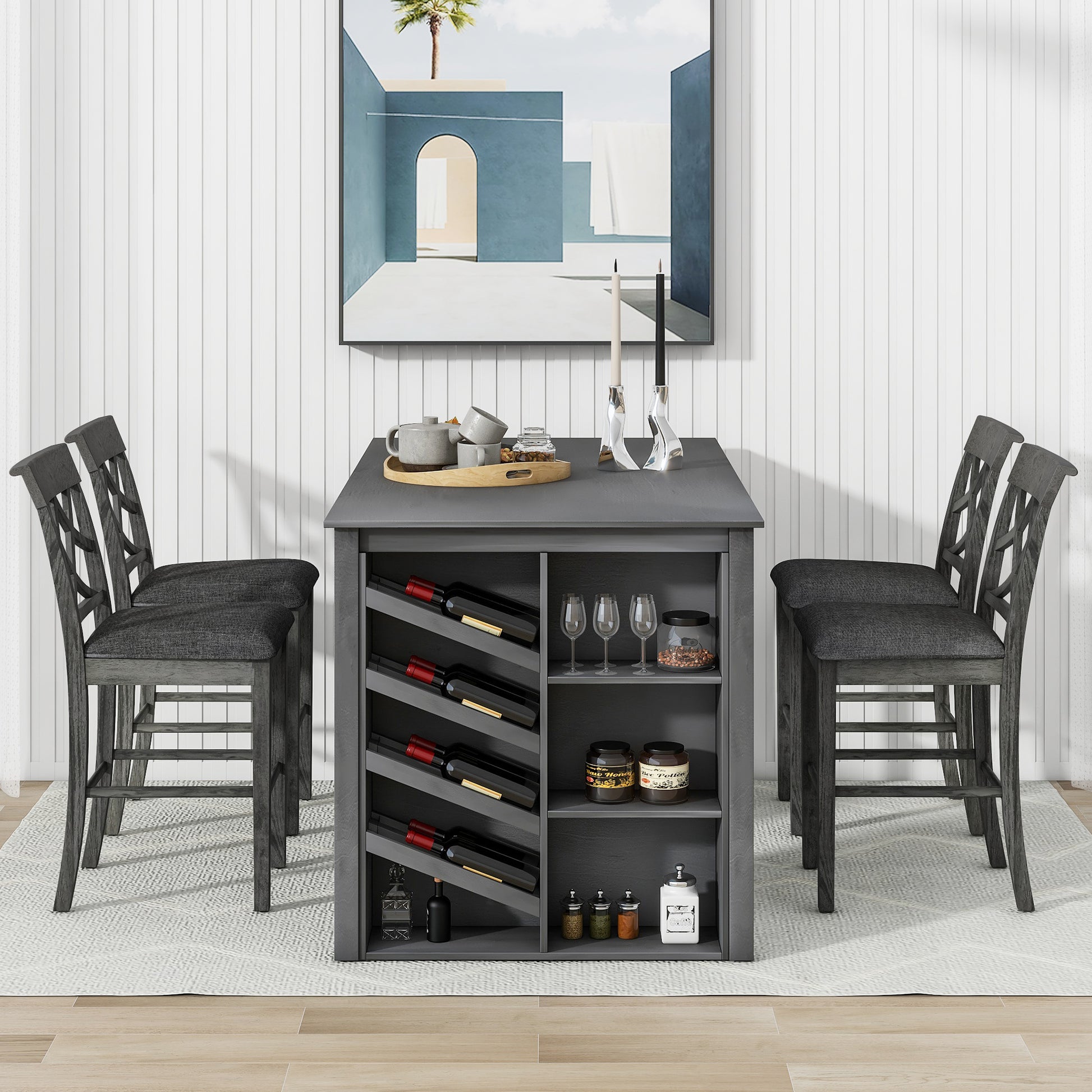 Updated Counter Height 5 Piece Solid Wood Dining Table Set, 59*35.4Inch Table With Curved Wine Rack And 4 Upholstered Chairs, Grey Wood Dining Room Solid Wood Rubberwood Rectangular Dining Table With Chair Wood Wood Grey Solid Back Seats 4 Farmhouse 4