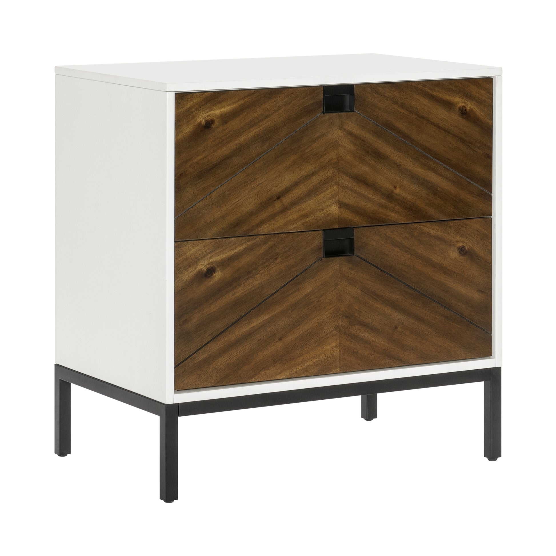 Beautiful White And Walnut Finish 1Pc Nightstand Of Drawers Self Closing Glides Black Metal Legs Flat Tone Pocket Pulls Modern Bedroom Furniture White Walnut 2 Drawers Bedside Cabinet Bedroom Wood