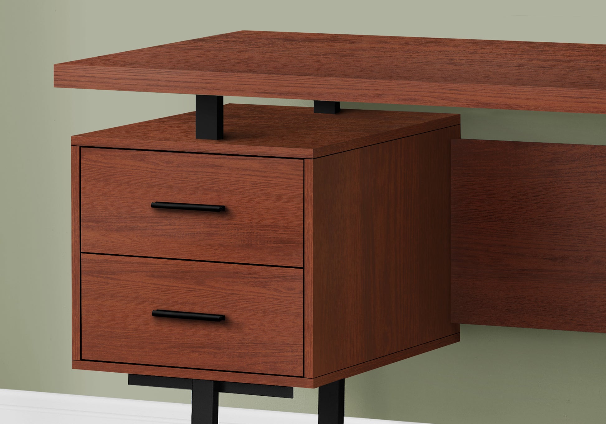 Computer Desk, Home Office, Laptop, Left, Right Set Up, Storage Drawers, 60"L, Work, Brown Laminate, Black Metal, Contemporary, Modern Cherry Particle Board