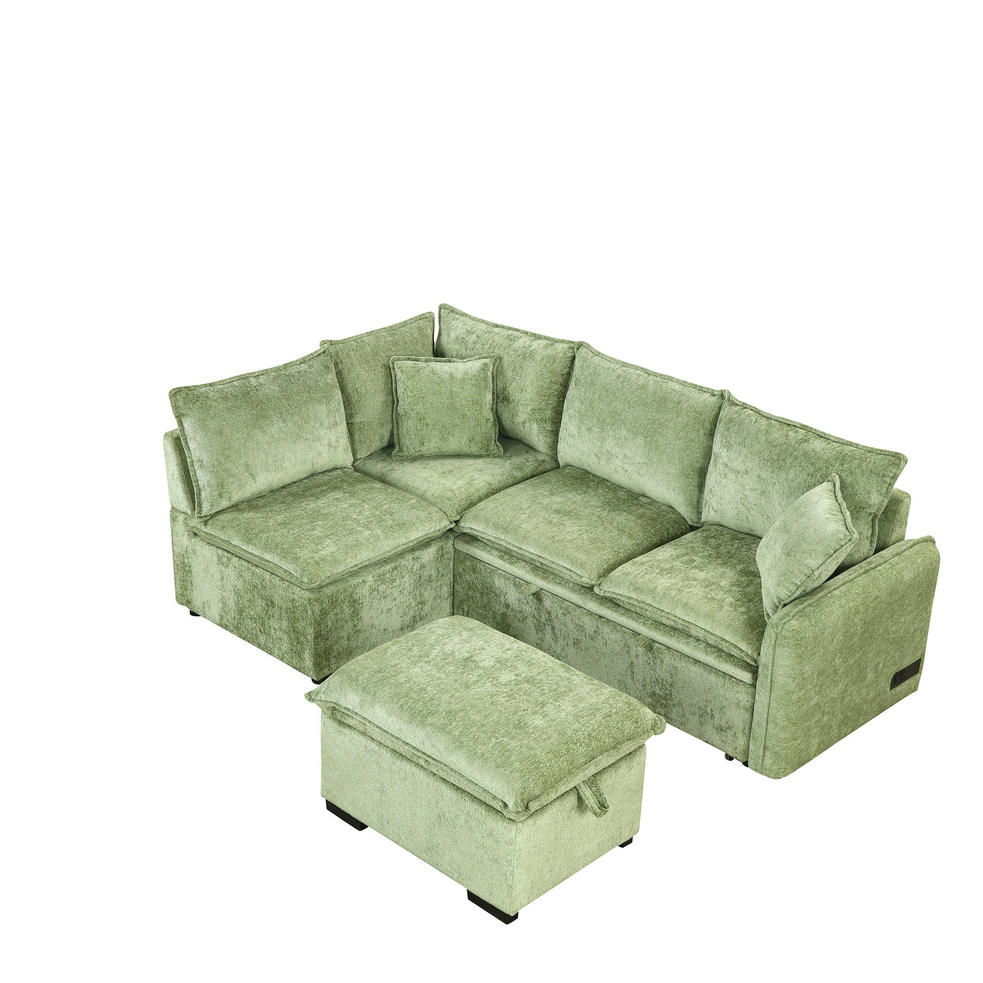 82.67"Convertible Sofa Bed Sectional Sofa Sleeper L Shaped Sofa With A Storage Ottoman,Two Pillows, Two Power Sockets And Two Usb Ports For Living Room, Green Green Foam Chenille 4 Seat