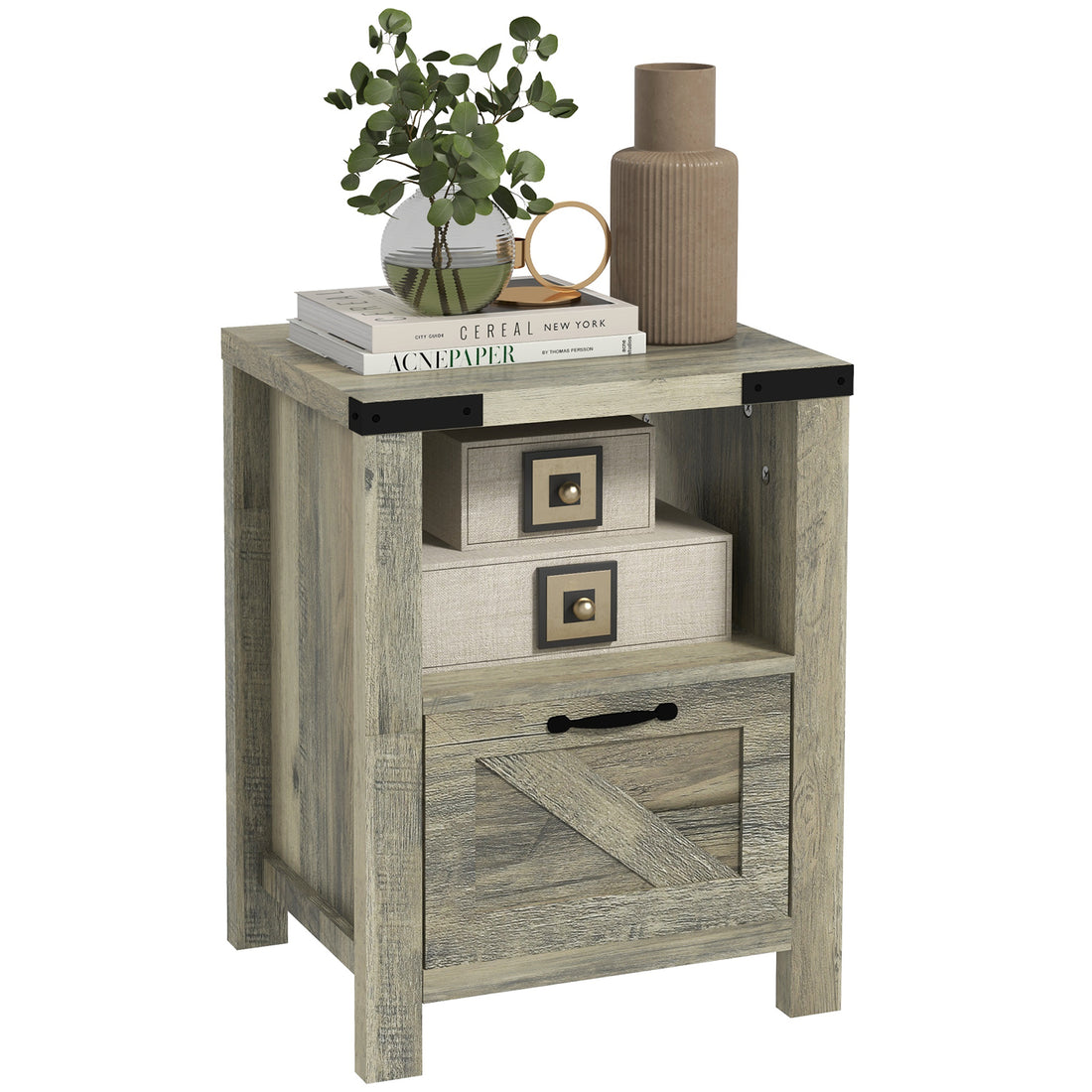 Homcom Farmhouse End Table, Rustic Side Cabinet With Storage, Small Side Table With Drawer, Wood Effect Tabletop For Living Room, Gray Gray Particle Board