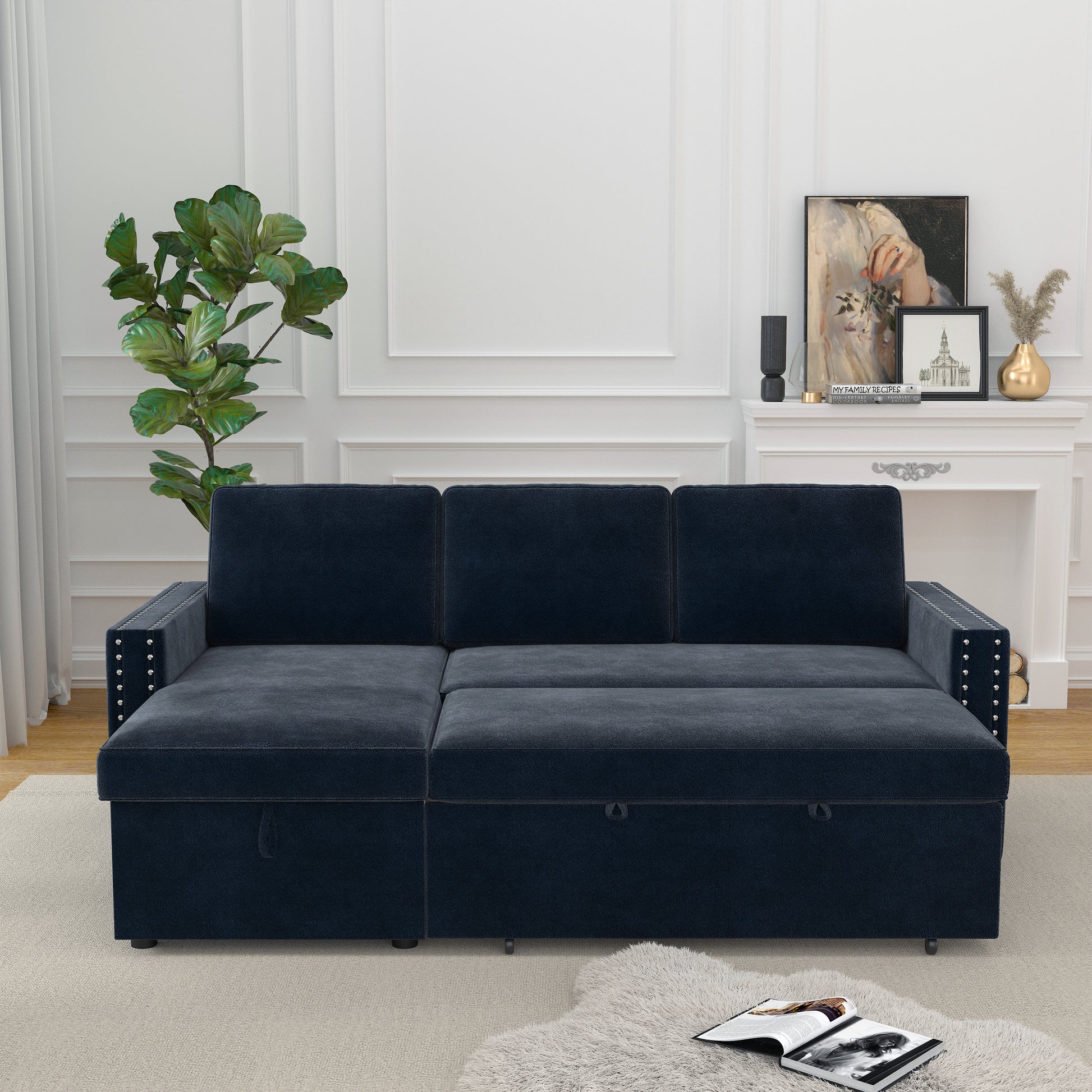 85 Inches Sofa Bed, 3 Seater Sleeper Sofa With Storage Chaise, Square Handrail With Pull And Copper Nail,Chenille, Pull Out Couch For Living Room Blue Chenille 3 Seat