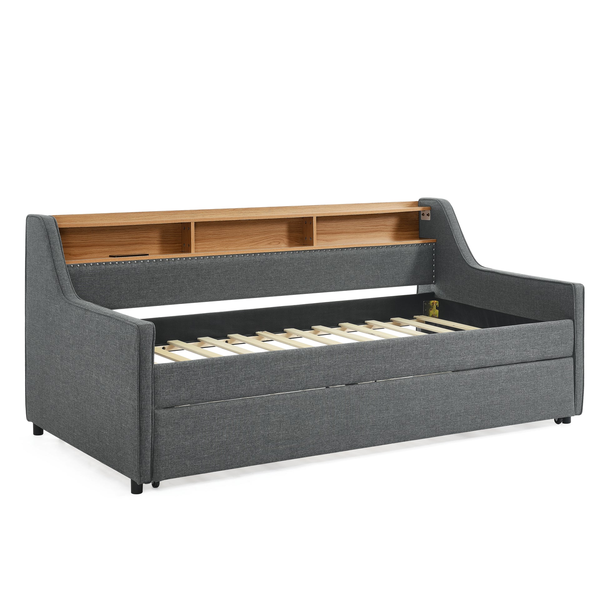 Twin Size Upholstery Sofa Bed With Three Led Lights, With Storage Adjustable Headboard, With Foldable Leg Pull Up Trundle Bed And Wireless Charging, Linen Padded Sofa Bed Frame, Grey Box Spring Not Required Twin Grey Composite Bedroom Classic Eucalyptus