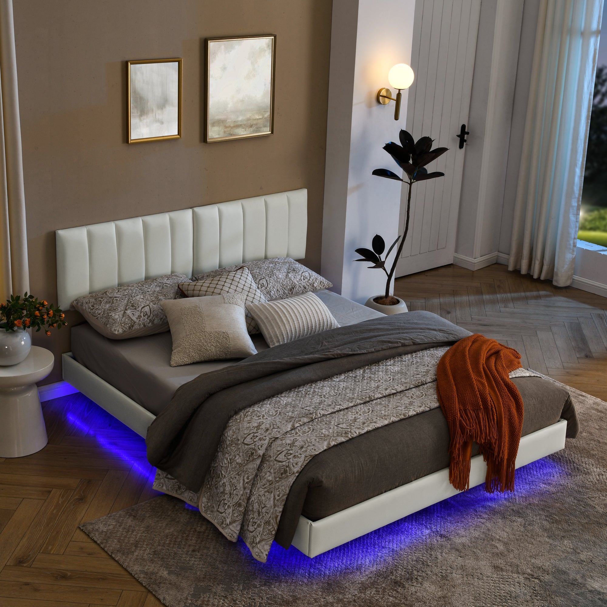 Queen Floating Bed Frame With Led Lights And Wall Mounted Headboard Modern Low Profile Led Platform Bed Frame Queen Size Faux Leather Upholstered Platform Bed Frame,No Box Spring Needed,White Queen White Pu