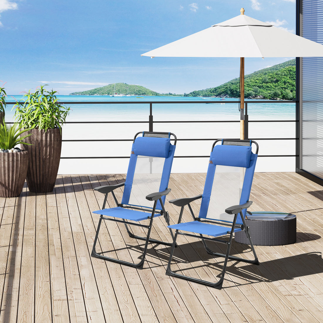 Outsunny Folding Patio Chairs Set Of 2, Outdoor Deck Chair With Adjustable Sling Back, Camping Chair With Removable Headrest For Garden, Backyard, Lawn, Blue Blue Steel