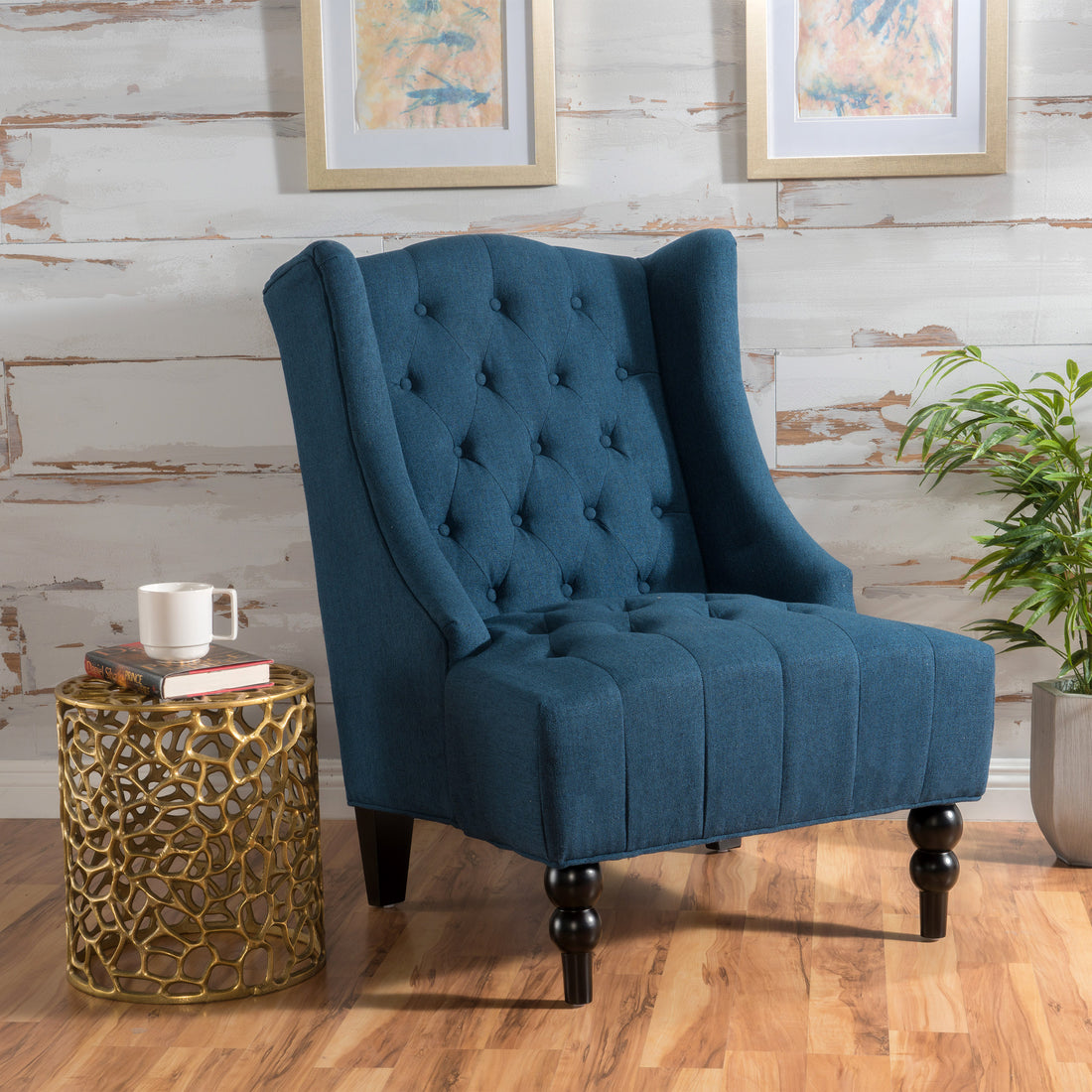 Upholstered Wingback Chair Navy Blue Linen