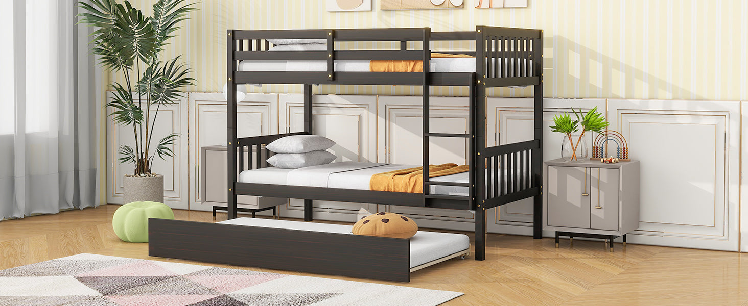 Twin Over Twin Rubber Wood Bunk Bed With Trundle, Convertible Into 2 Twin Size Beds, Twin Size Bunk Bed With Ladder And Safety Guardrails,Espresso Twin Espresso Rubber Wood