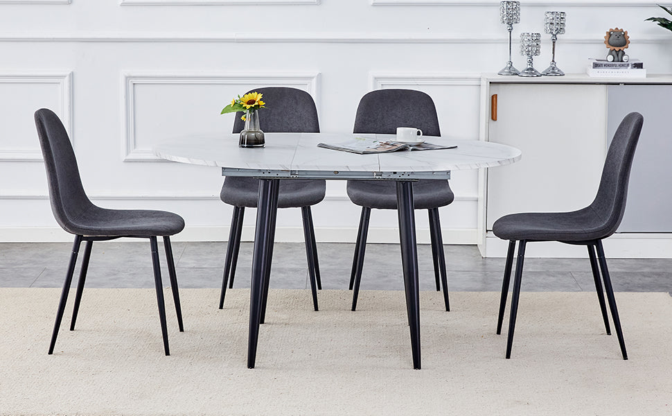 Table And Chair Set.Modern Extendable Mdf Dining Table.The Table Has A Telescopic Design, Suitable For Gatherings Of Different Size.Paired With 4 Chairs With Fabric Cushion And Black Metal Legs. Dark Gray,White Seats 4 Mdf Metal