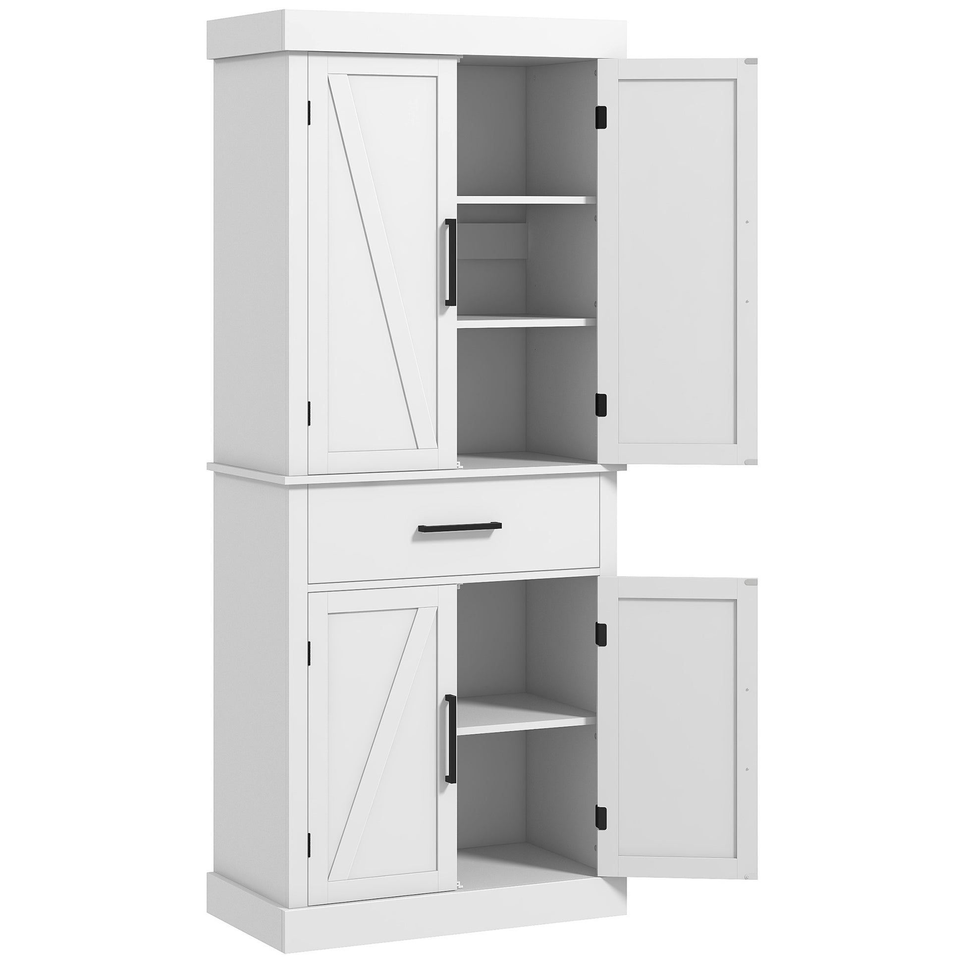 Homcom 72" Tall Kitchen Pantry Storage Cabinet, Farmhouse Freestanding Kitchen Cabinet With 4 Barn Doors, Drawer, 5 Tier Shelf And Adjustable Shelves, White White Particle Board