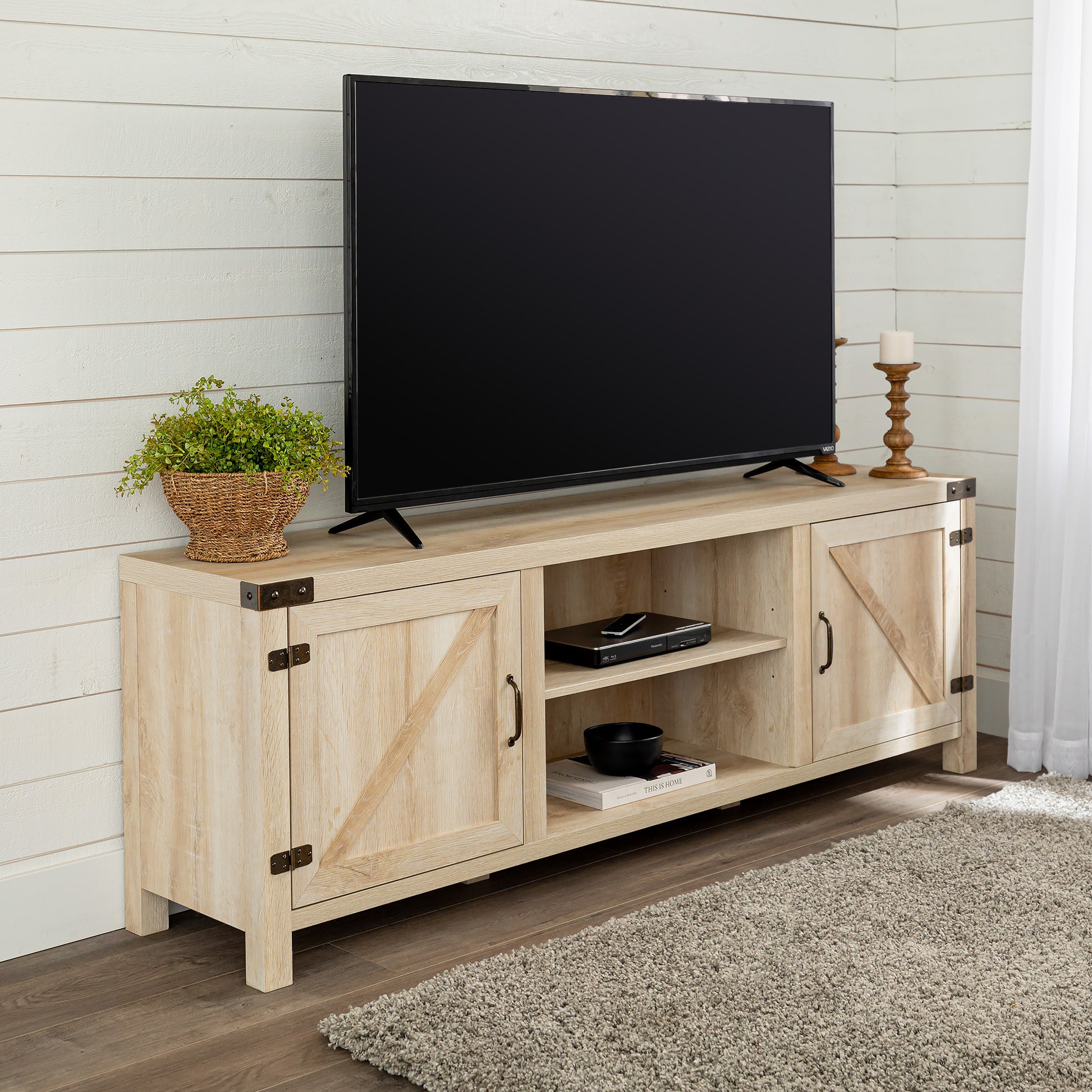 Rustic Farmhouse Double Barn Door 70" Tv Stand For 80" Tvs With Center Shelves White Oak Brown Mdf