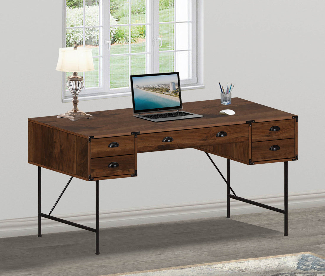 59" Writing Desk "Versatile Walnut Office Desk With Contemporary Metal Frame & Multiple Storage Drawers" Brown Solid Wood