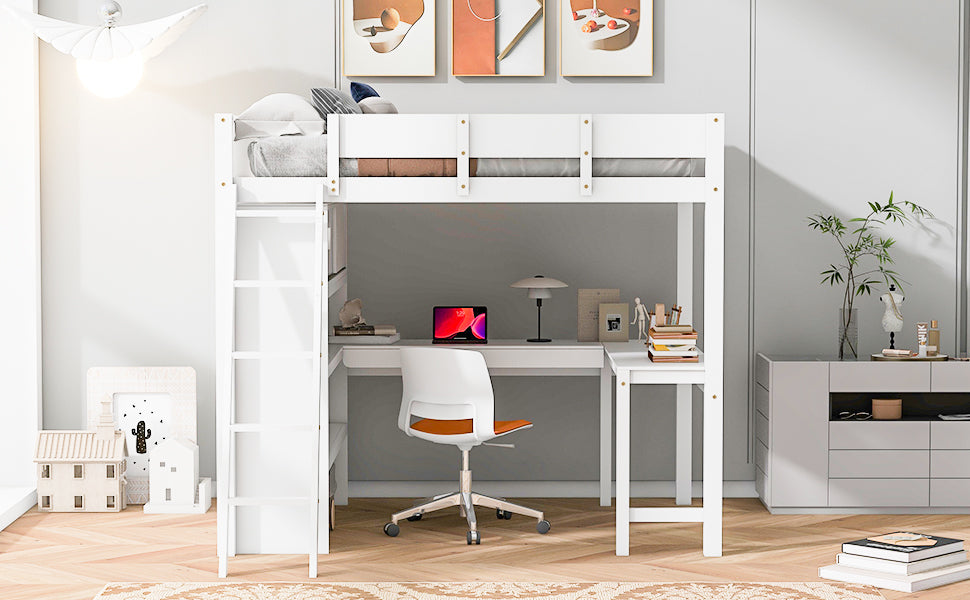 Full Size Loft Bed With Desk And Shelf White Full White Solid Wood