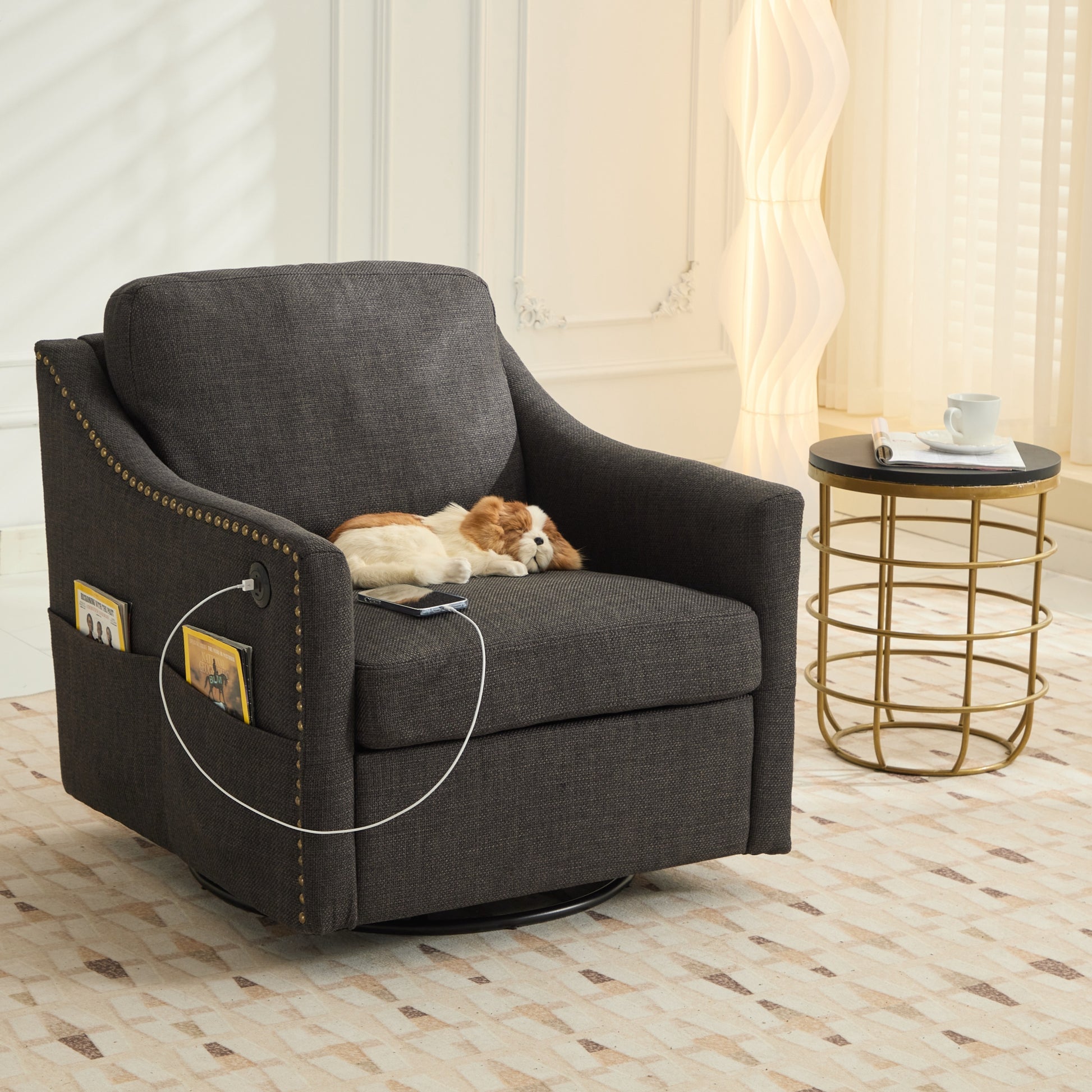 Dark Grey 360 Degree Swivel Rotating Accent Chair With Usb And Magazine Book For Living Room And Hotel Bed Room,Upholstered Accent Chair With Cooper Nail Dark Grey White Primary Living Space American Design,Classic,Modern Pine Foam Wood Fabric