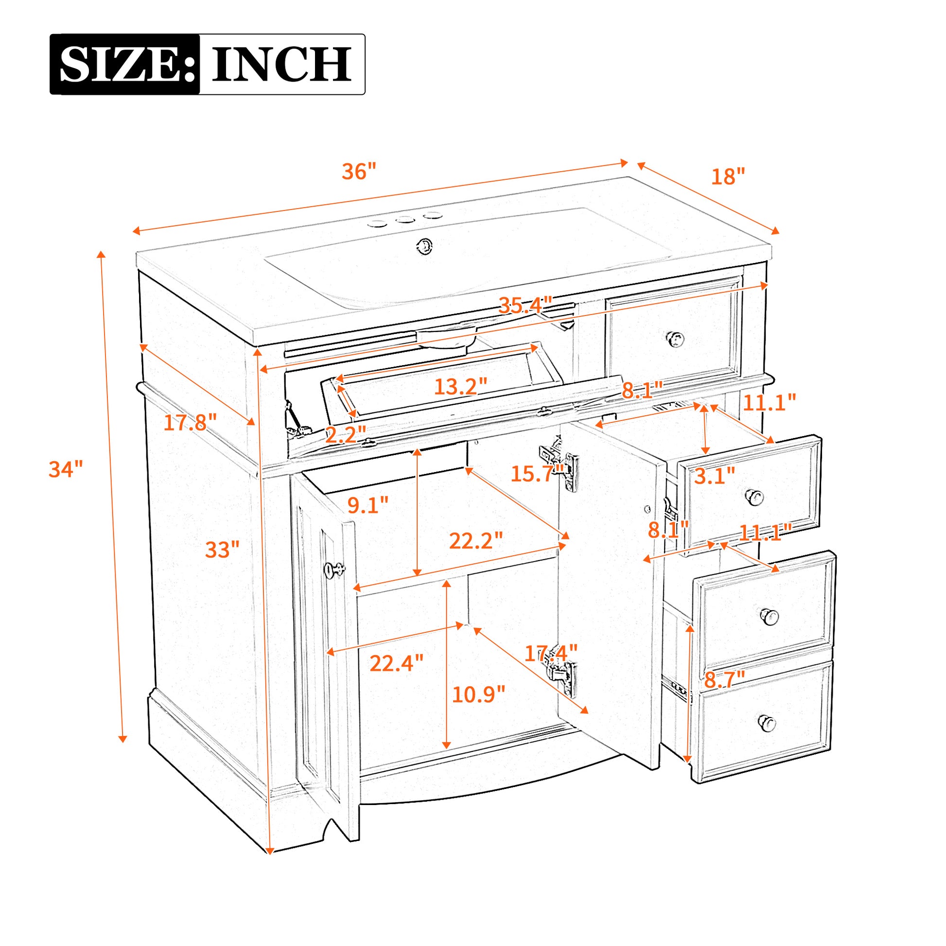 36'' Bathroom Vanity With Resin Sink Combo, Solid Wood Frame Bathroom Storage Cabinet, Freestanding Vanity Set With 3 Drawers& Adjustable Shelf White Bathroom Modern Solid Wood Mdf Resin