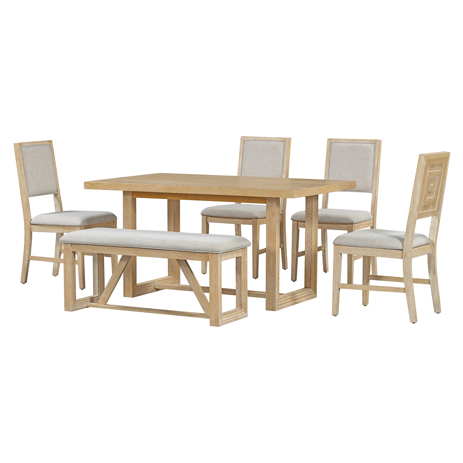 6 Piece Retro Dining Set, 1 Rectangular Table With Designed Trestle Base And 4 Upholstered Chairs And 1 Bench For Dining Room And Kitchen Natural Natural Solid Wood Mdf