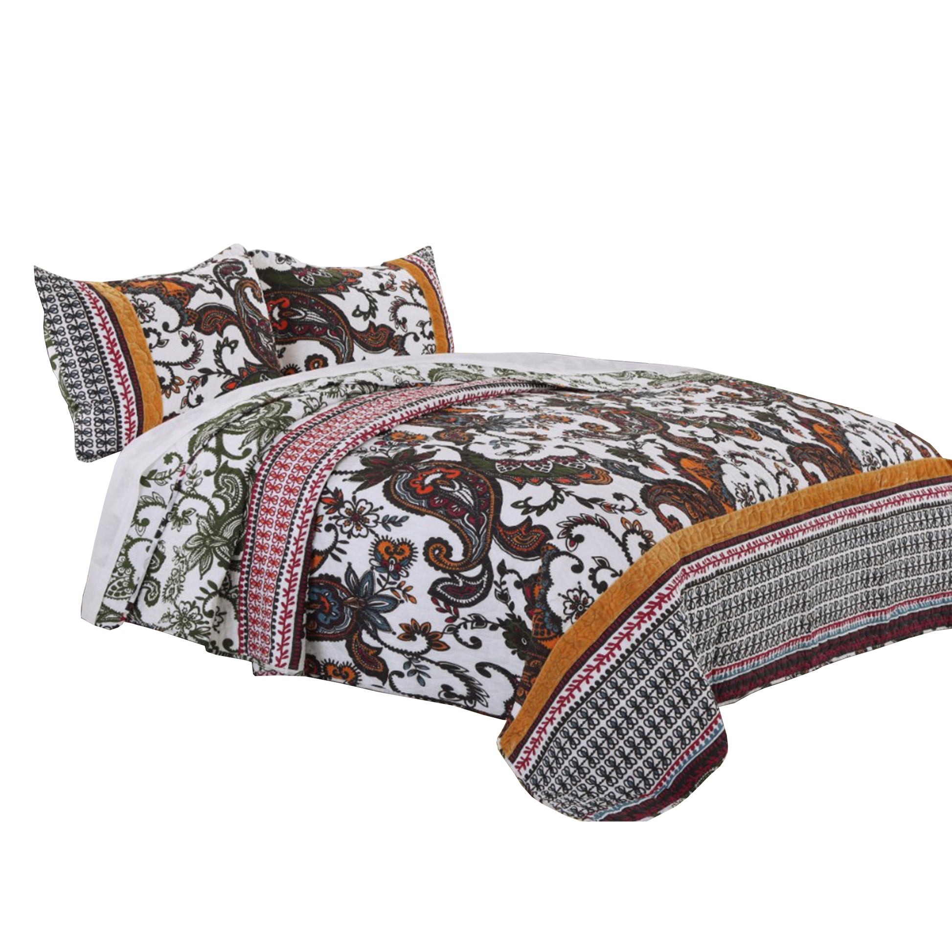 Detroit Fabric 3 Piece Queen Size Quilt Set With Tribal Motifs, Multicolor Multicolor Fabric