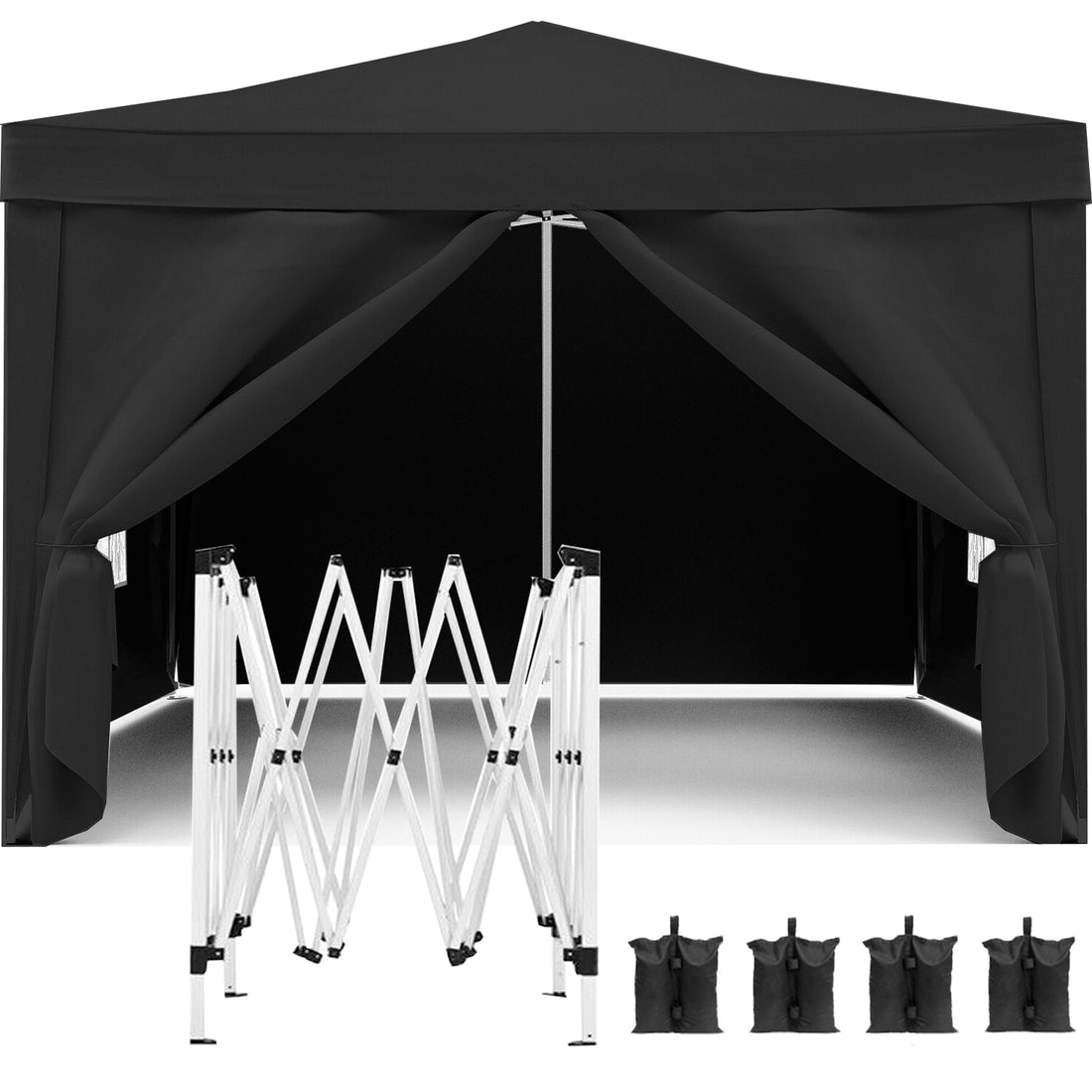 10'X10' Folding Canopy With 4 Removable Sidewalls Outdoor Event Shelter Upf 50 Gazebo Portable Tents For Parties Beach Camping Wedding Ez Pop Up Canopy 4Pcs Weight Bag Carry Bag Black Metal