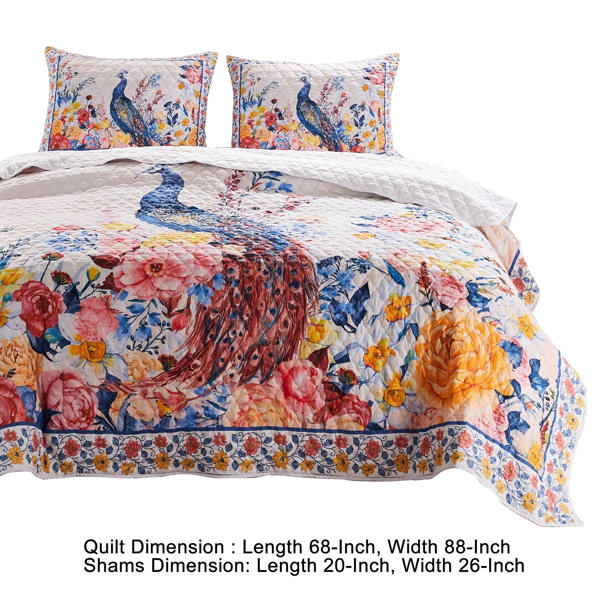 Tess Microfiber 2 Piece Twin Quilt Set, Peacock, Floral Print, Multicolor Twin Multicolor Fabric