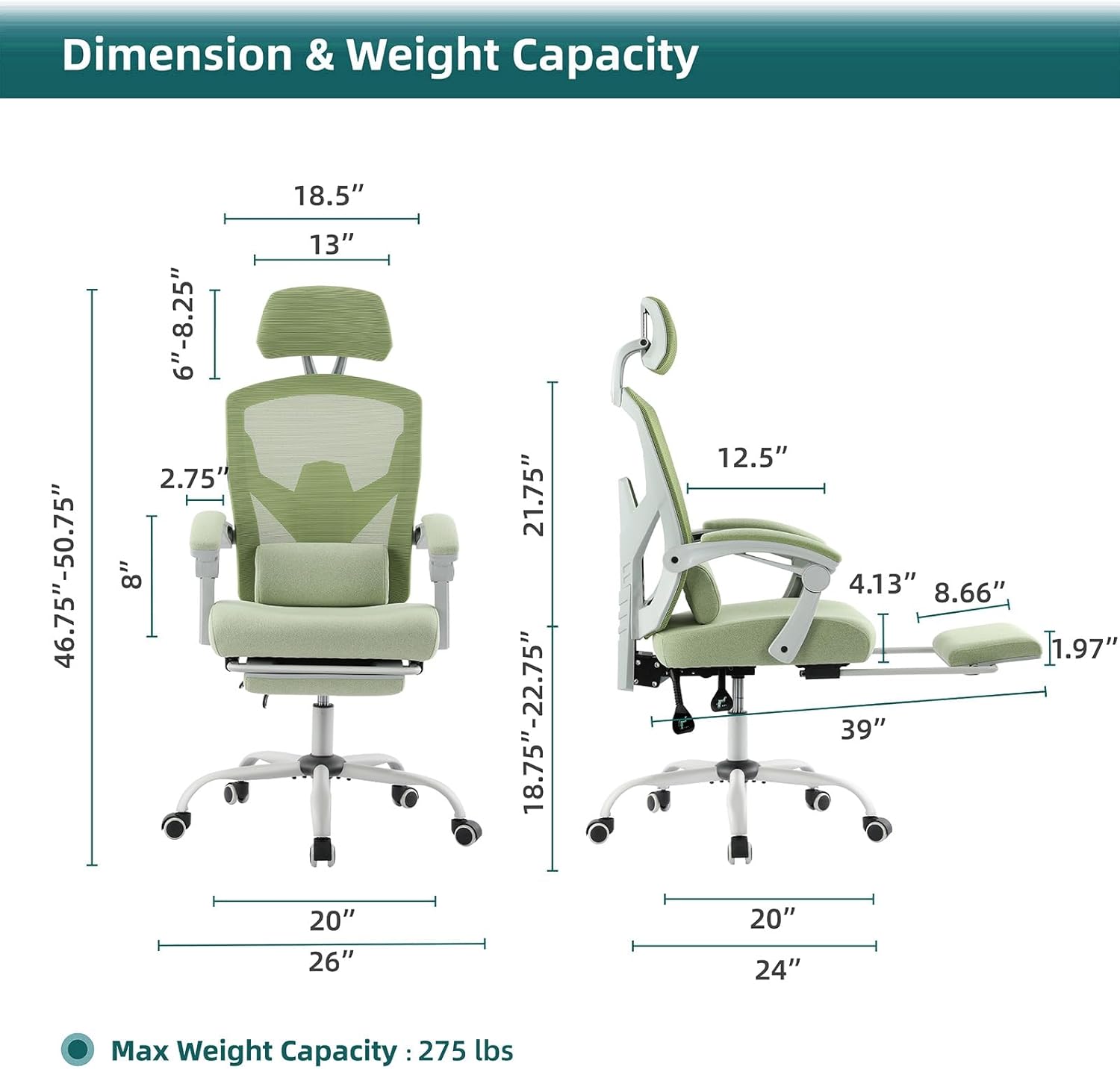 Retractable Footrest Ergonomic Swivel Office Chair With Lumbar Support Pillow And Padded Armrests, Green Green Metal