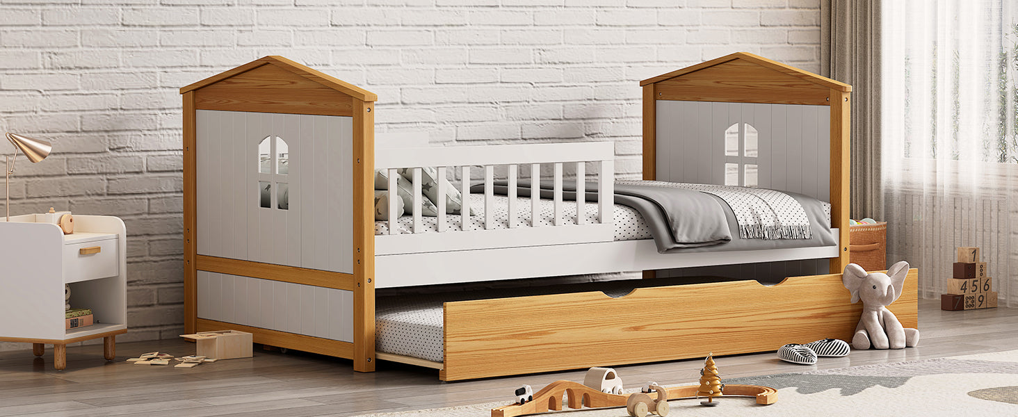 Twin Size House Shape Bed With Trundle Wooden Bed For Girls Boys Teens, No Box Spring Needed, Walnut And White Box Spring Not Required Twin White Walnut Wood Bedroom Cute Pine Bed Frame Wood