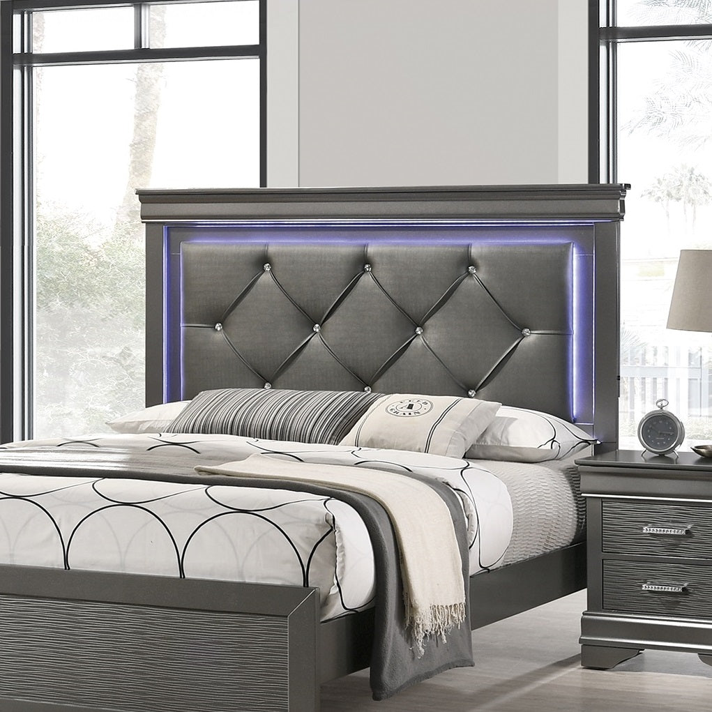 Dark Gray Faux Leather Tufted Headboard 1Pc Queen Size Bed W Led Bedroom Furniture Gray Unique Texture Fb Solid Wood Box Spring Required Queen Dark Gray,Gray Wood Bedroom Contemporary,Modern,Transitional,Ultra Modern Rubberwood Bed Frame Faux