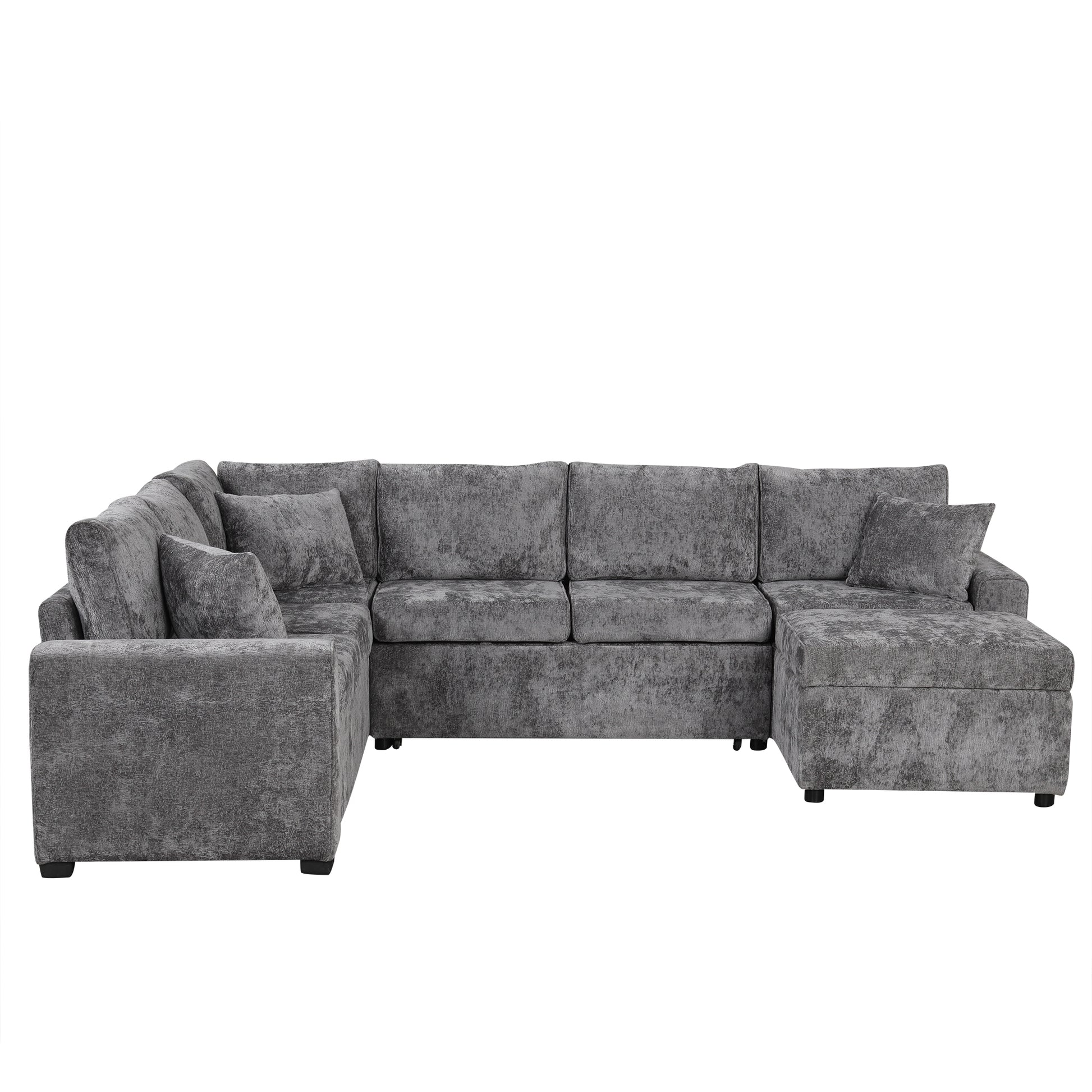 112.2" Sectional Sofa Pull Out Sofa Bed Sleeper With A Storage Ottoman,Three Pillows And Charging Devices For Living Room, Grey Grey Foam Chenille 6 Seat