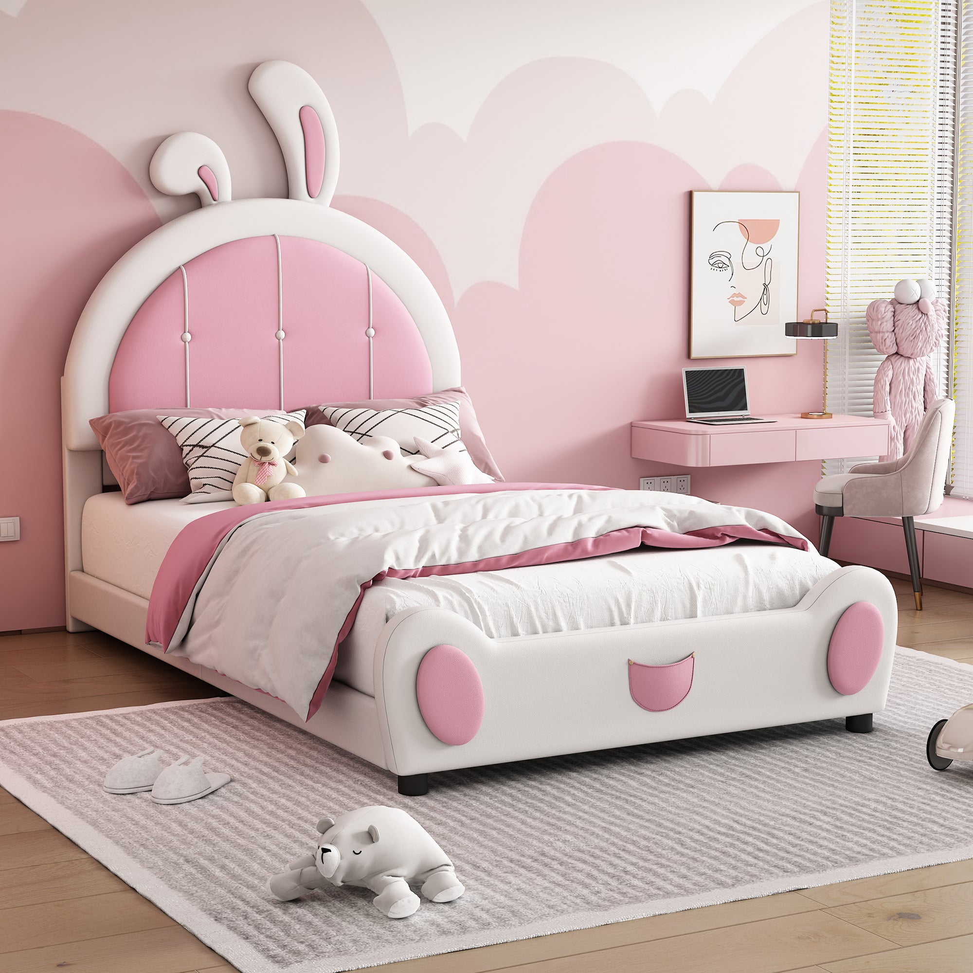 Twin Size Upholstered Platform Bed With Rabbit Shaped Headboard, White Box Spring Not Required Twin White Pink Wood Bedroom Bed Frame Faux Leather Upholstered