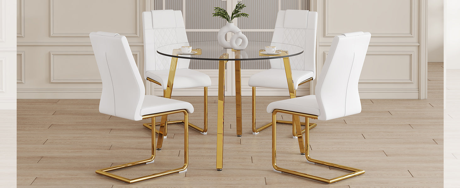 Table And Chair Set.A Modern Minimalist Style Round Clear Tempered Glass Table With Metal Legs.Paried With White Chairs With Modern Pu Leather High Back Upholstered And C Tube Golden Legs. Transparent,White Seats 4 Glass