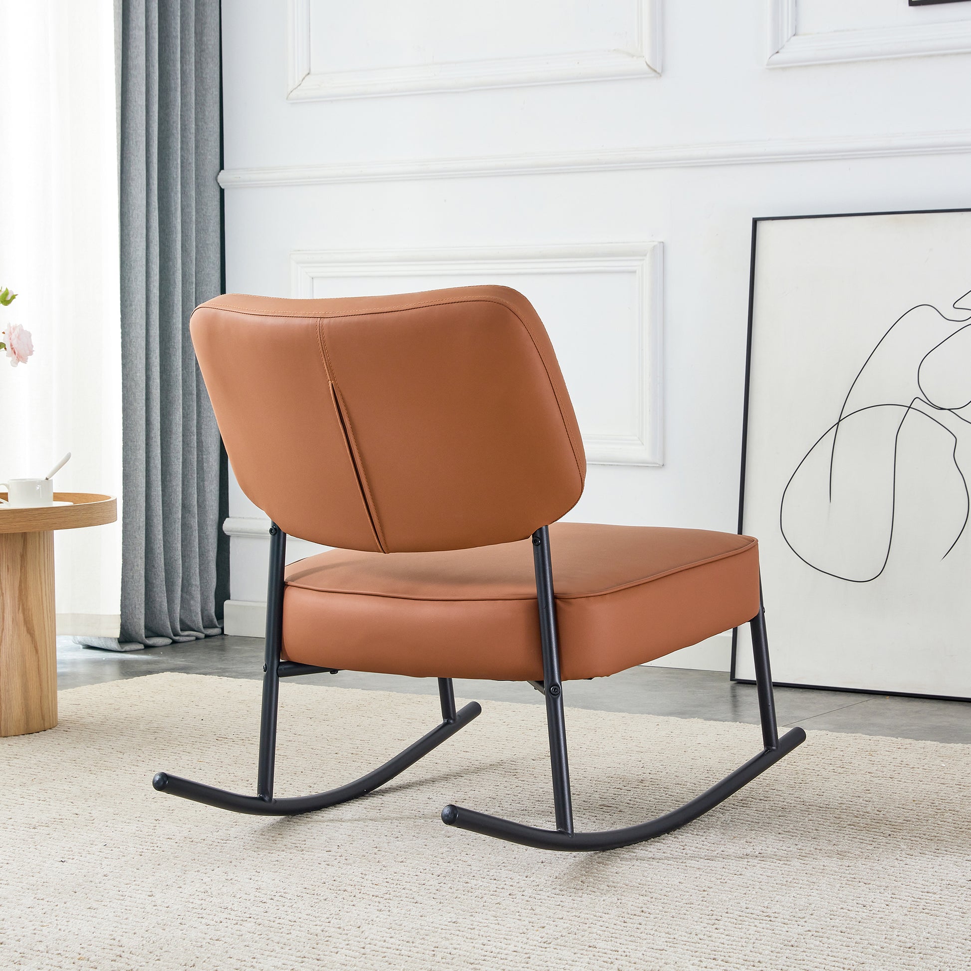 Pu Material Cushioned Rocking Chair, Unique Rocking Chair, Cushioned Seat, Brown Backrest Rocking Chair, Black Metal Legs. Comfortable Side Chairs In The Living Room, Bedroom, And Office Brown Pu