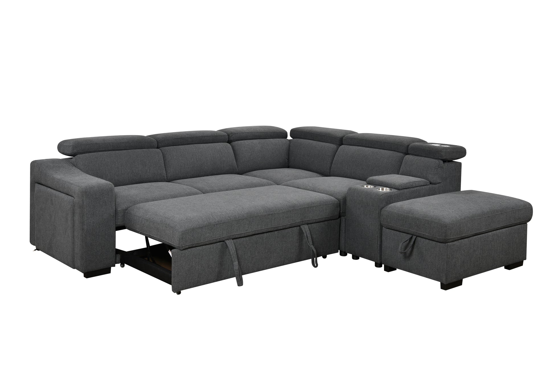 105"L Shape Sectional Sofa With Pull Out Bed And Ottoman Storage Space, Right Chaise Longue,Convertible Sleeper Couch, Tea W 2 Cup Holders & Storage & W Led, For Living Room, Apartment, Dark Gray