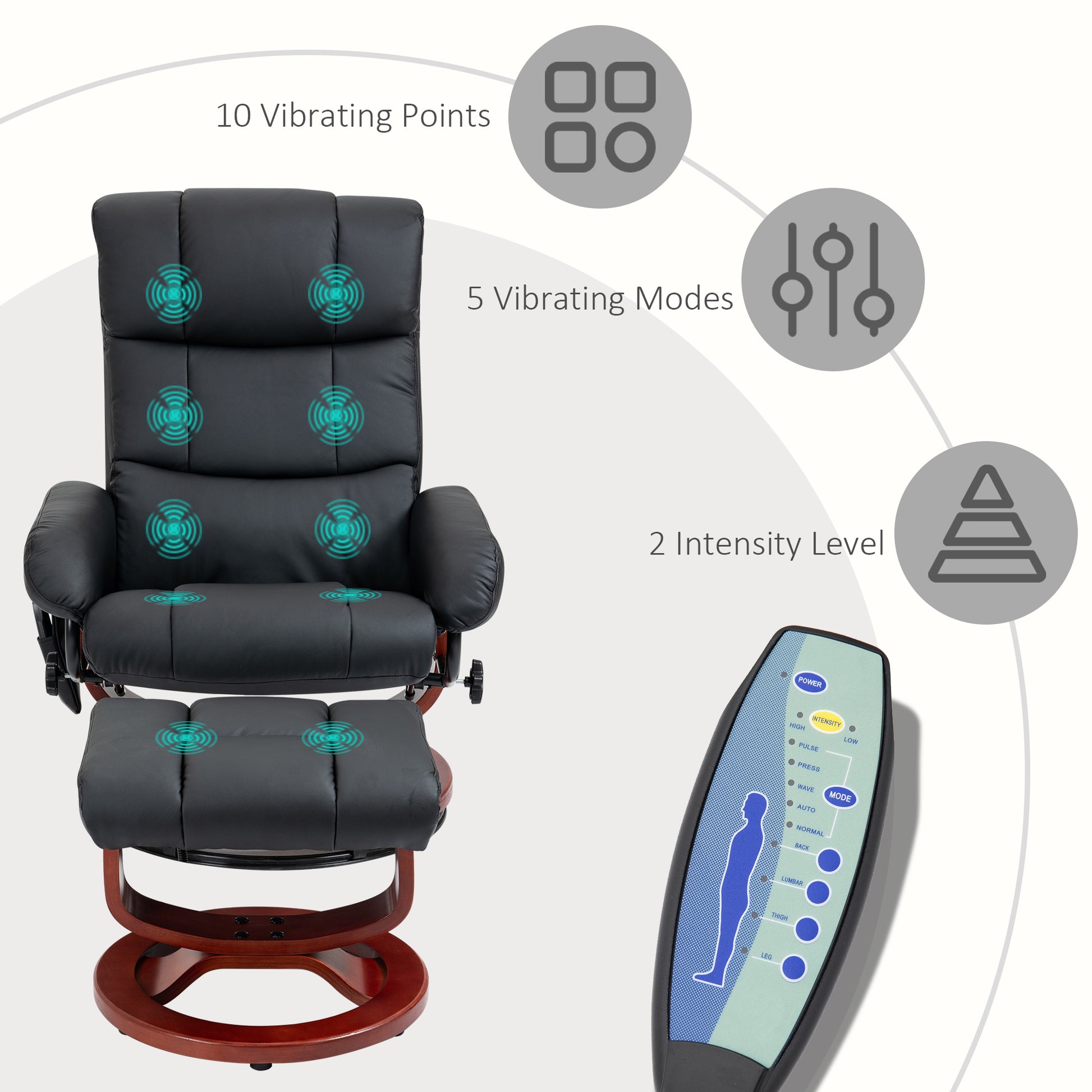 Homcom Massage Recliner Chair With Ottoman, Swivel Recliner And Footrest, Faux Leather Reclining Chair With Remote Control, 10 Vibration Points And Side Pocket, Black Black Steel