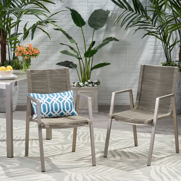 Outdoor Modern Aluminum Dining Chair With Rope Seat Set Of 2 , Silver And Taupe Taupe Aluminium