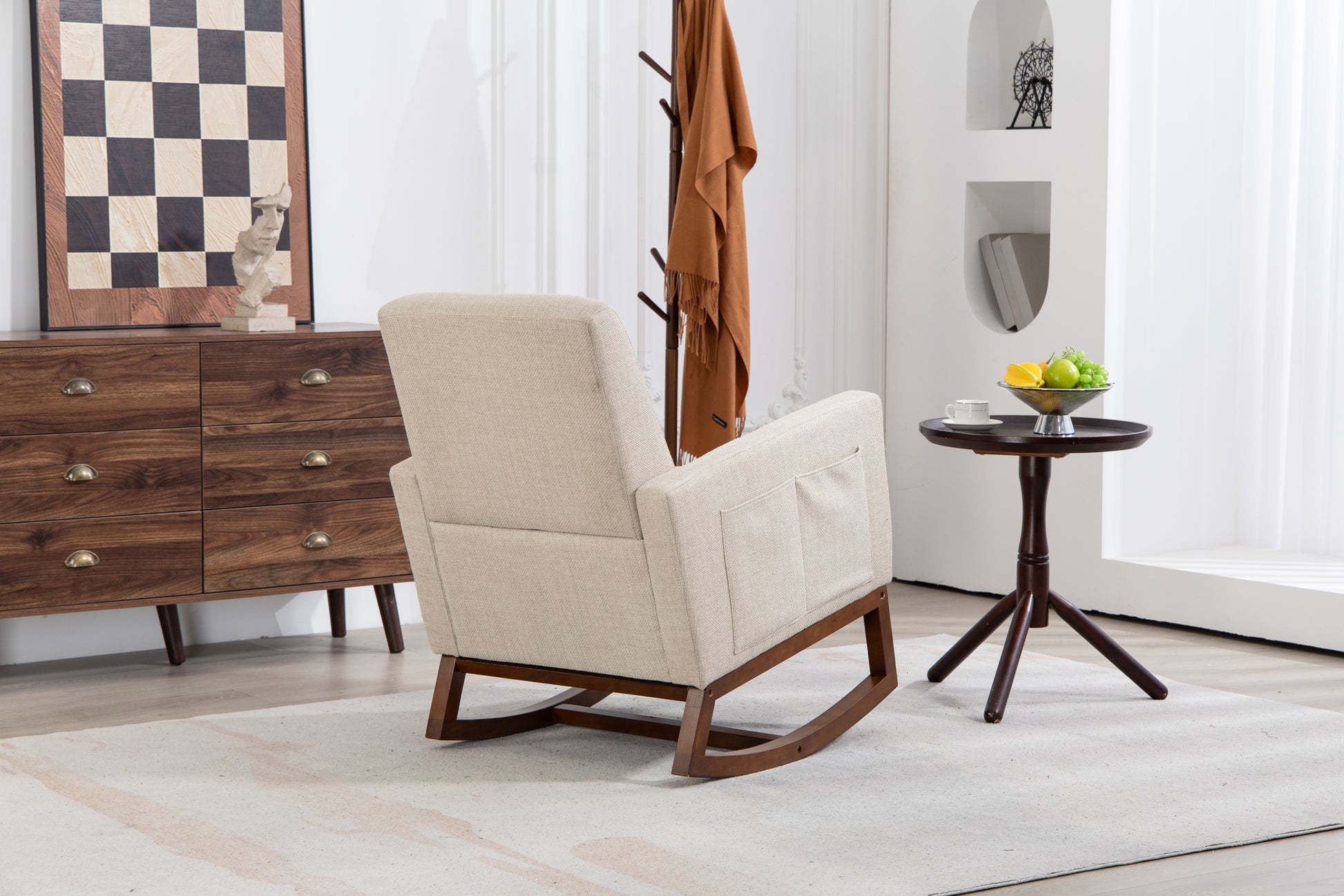 Mid Century Modern Accent Chair With Wood Frame, Upholstered Living Room Chairs With Waist Cushion, Reading Armchair For Bedroom Sunroom Grey White Linen